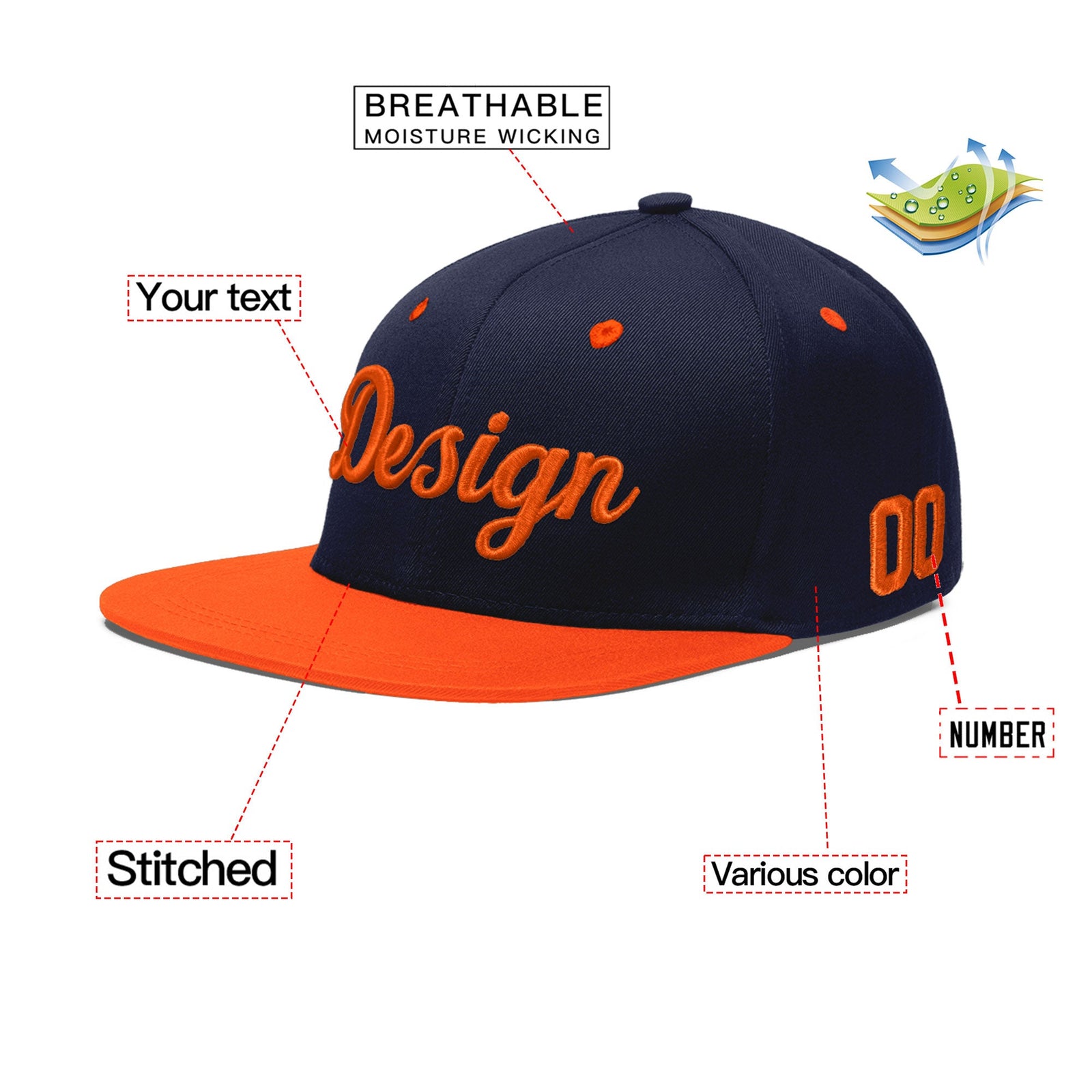 Custom Navy Orange 3D Puff Embroidery Flat Embroidery Casual Sport Baseball Cap