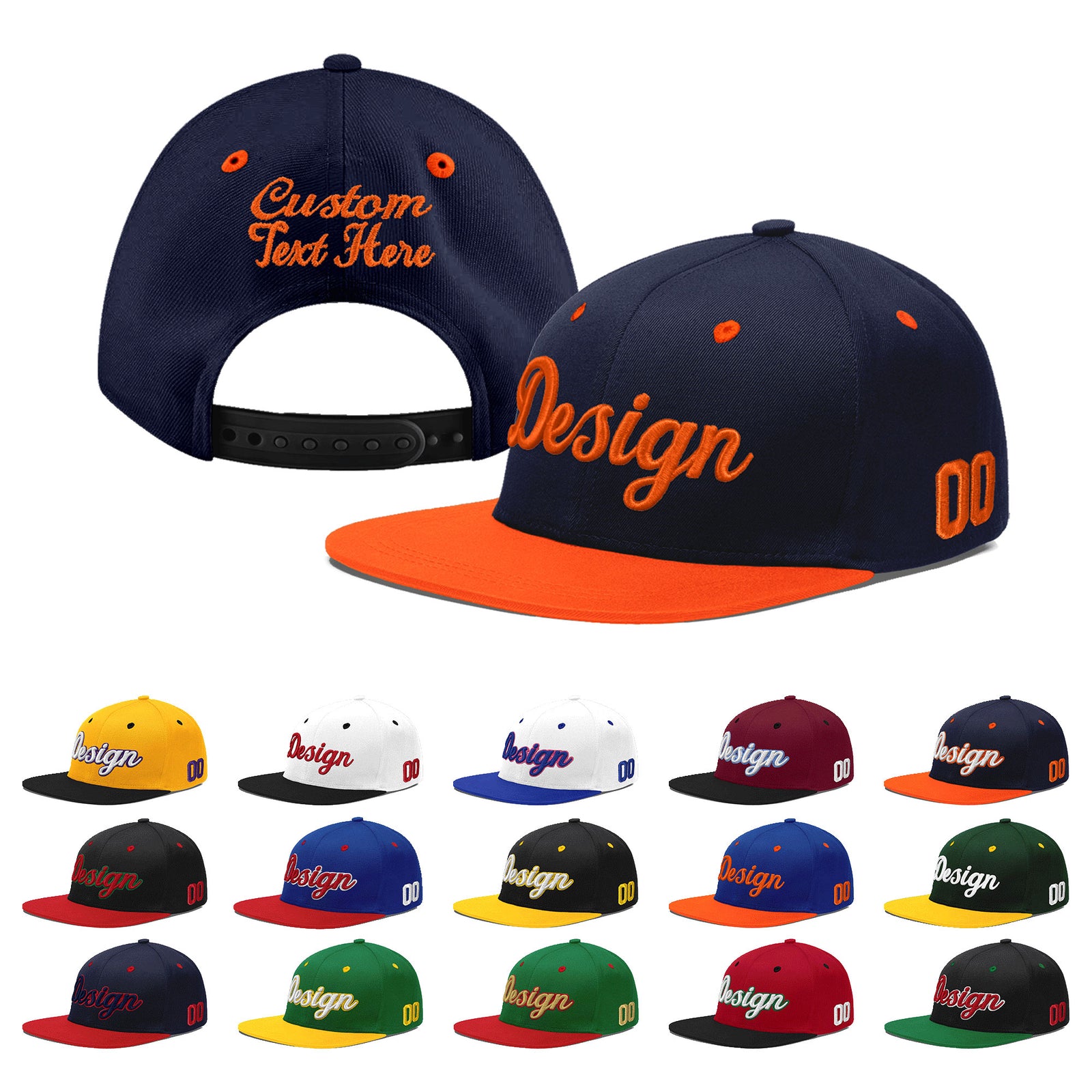 Custom Navy Orange 3D Puff Embroidery Flat Embroidery Casual Sport Baseball Cap