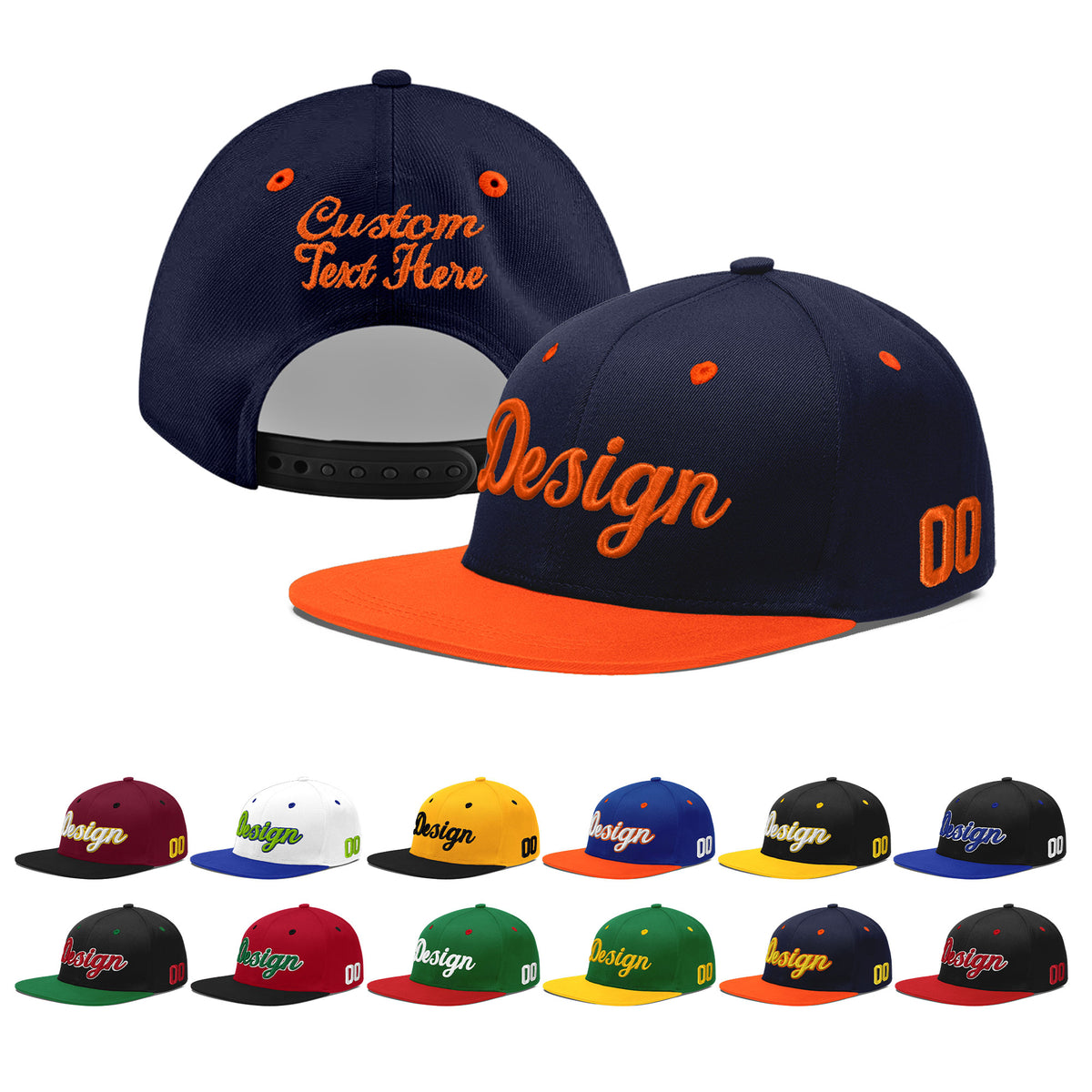Custom Navy Orange 3D Puff Embroidery Flat Embroidery Casual Sport Baseball Cap