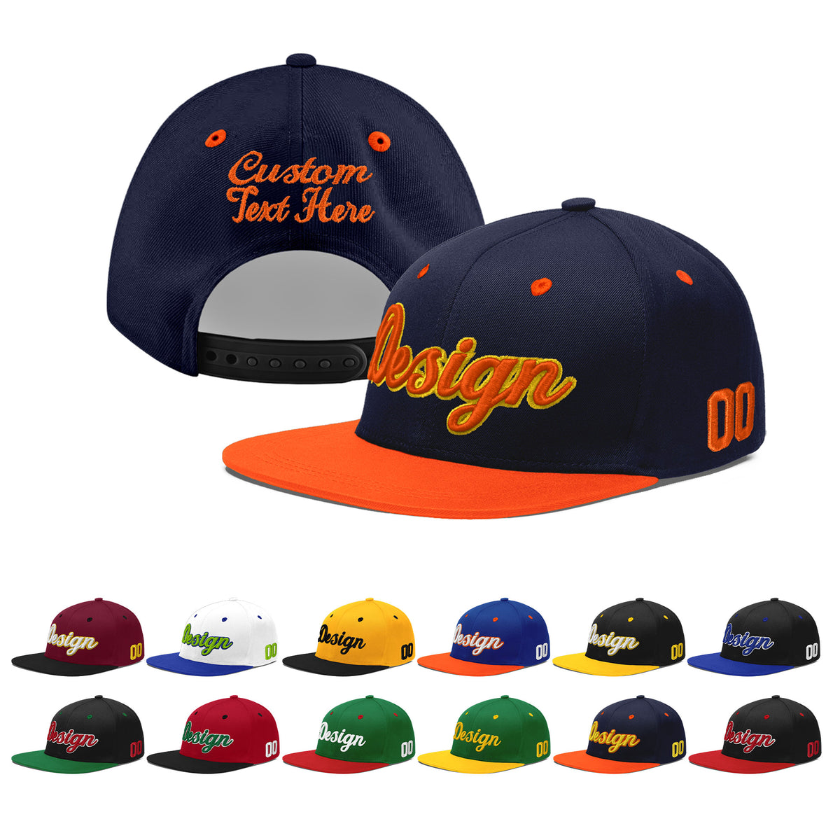 Custom Navy Orange 3D Puff Embroidery Flat Embroidery Casual Sport Baseball Cap