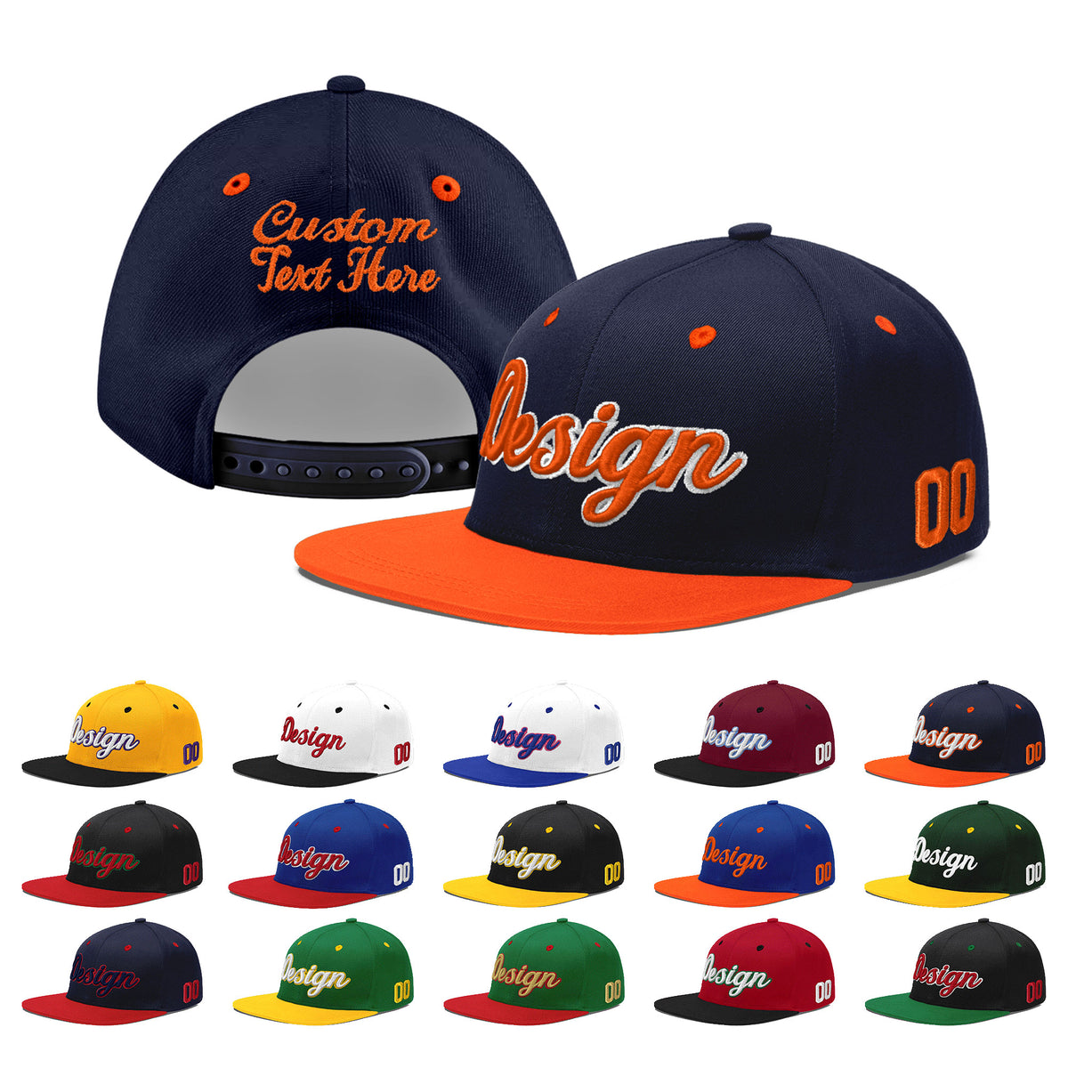 Custom Navy Orange 3D Puff Embroidery Flat Embroidery Casual Sport Baseball Cap