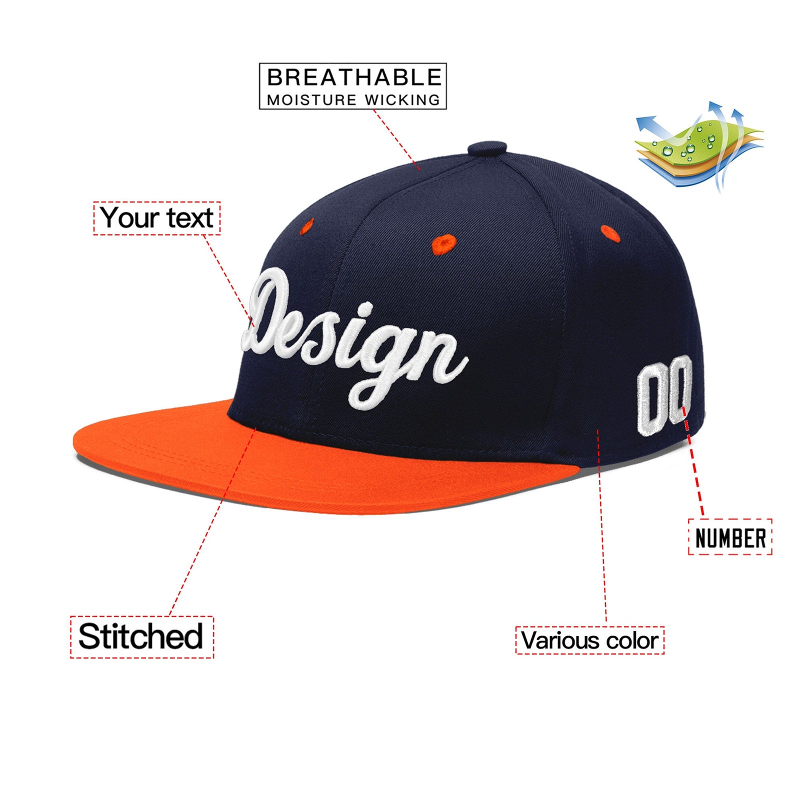 Custom Navy Orange 3D Puff Embroidery Flat Embroidery Casual Sport Baseball Cap