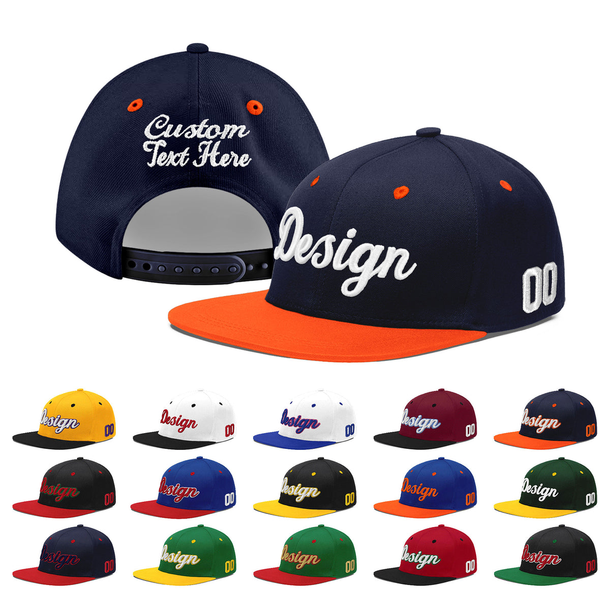 Custom Navy Orange 3D Puff Embroidery Flat Embroidery Casual Sport Baseball Cap