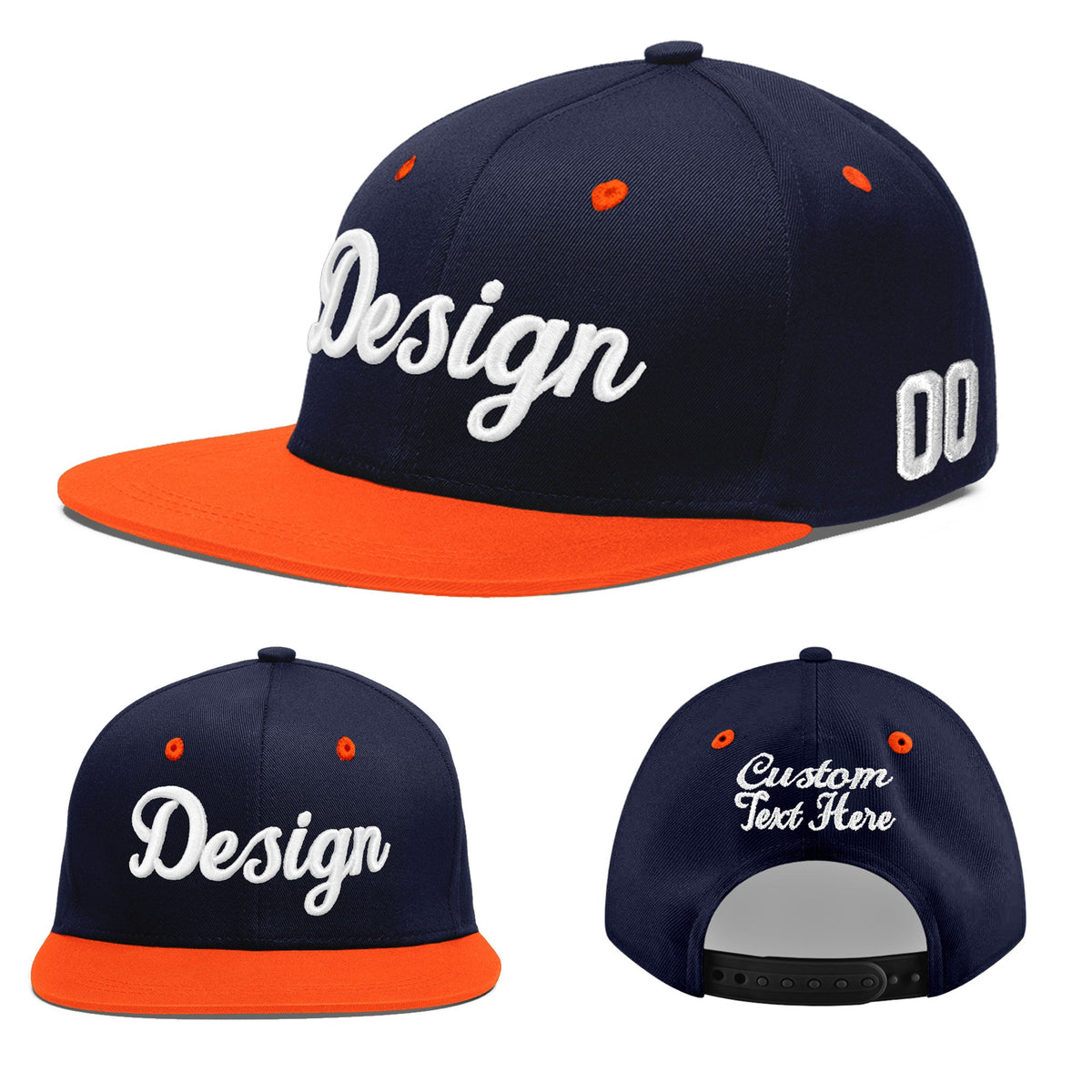 Custom Navy Orange 3D Puff Embroidery Flat Embroidery Casual Sport Baseball Cap