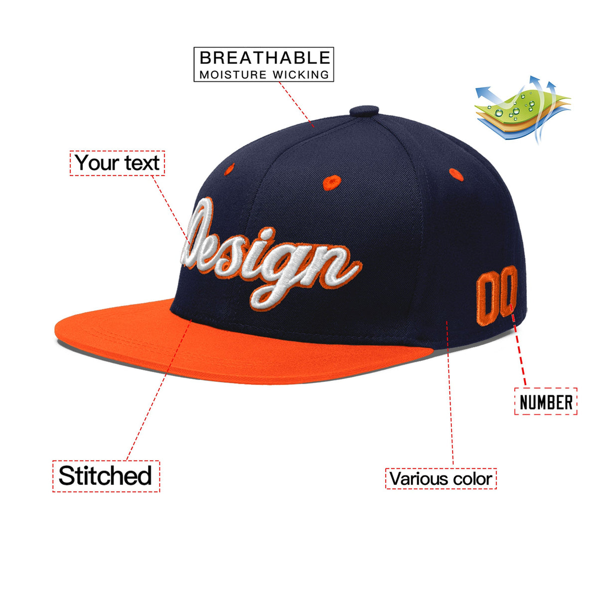 Custom Navy Orange 3D Puff Embroidery Flat Embroidery Casual Sport Baseball Cap