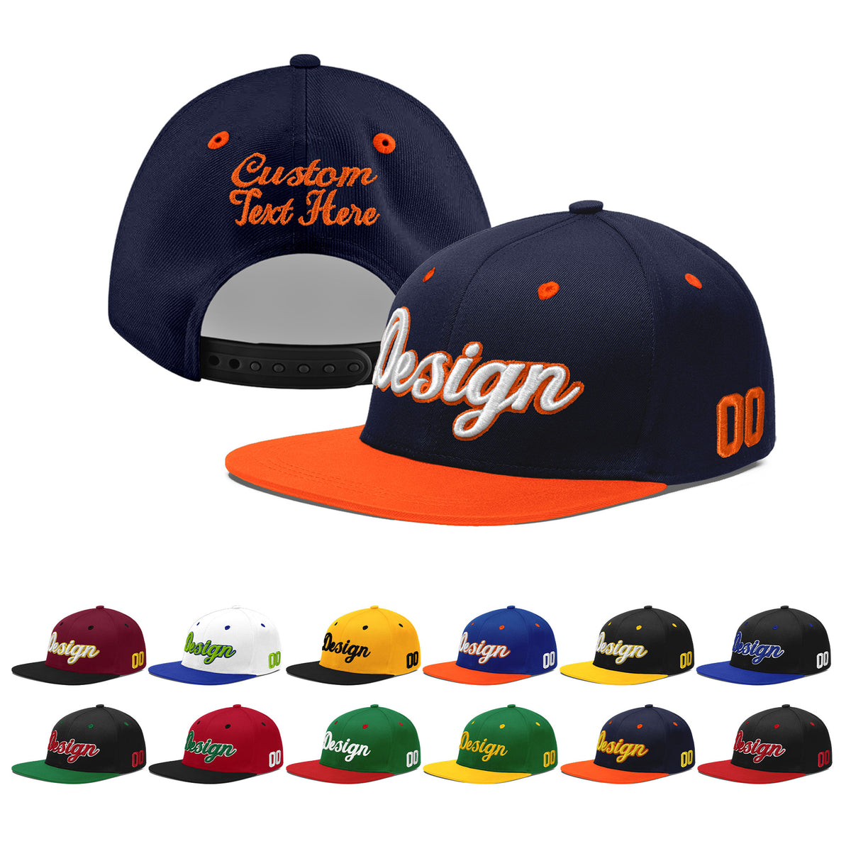 Custom Navy Orange 3D Puff Embroidery Flat Embroidery Casual Sport Baseball Cap
