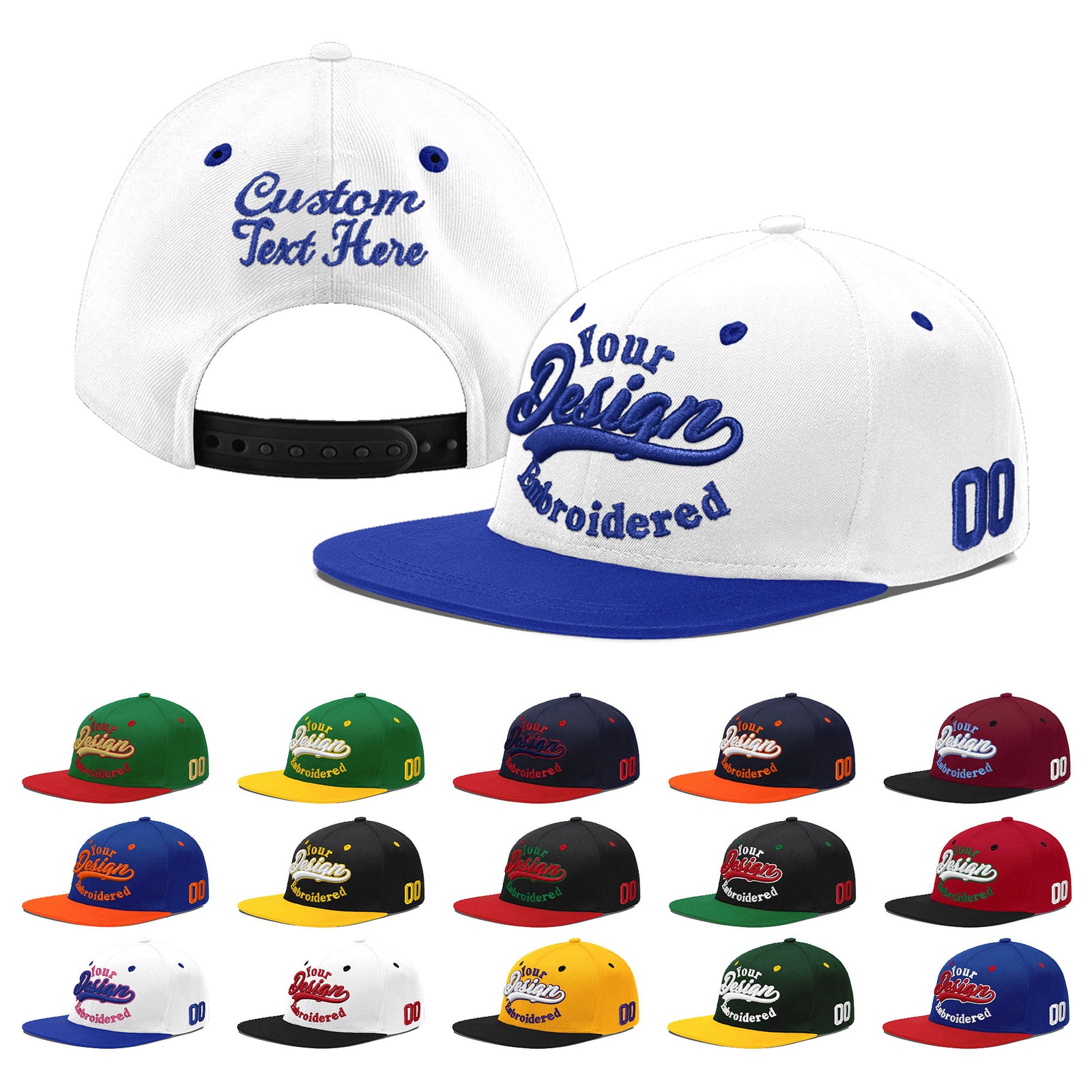 Custom White Royal Blue 3D Puff Embroidery Flat Embroidery Casual Sport Baseball Cap