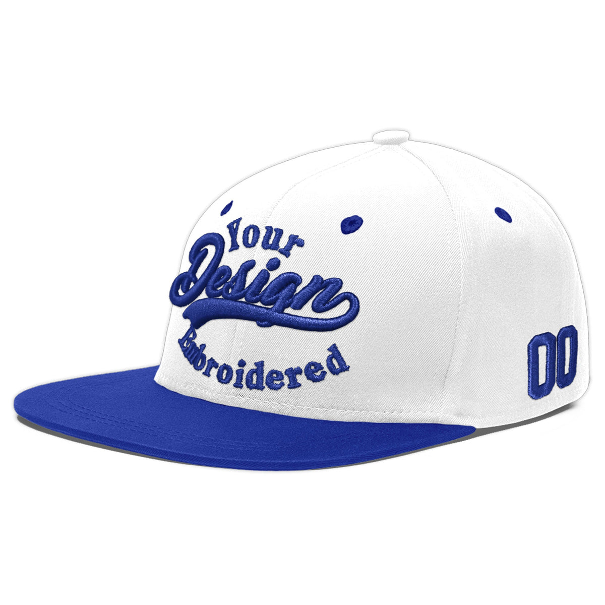 Custom White Royal Blue 3D Puff Embroidery Flat Embroidery Casual Sport Baseball Cap
