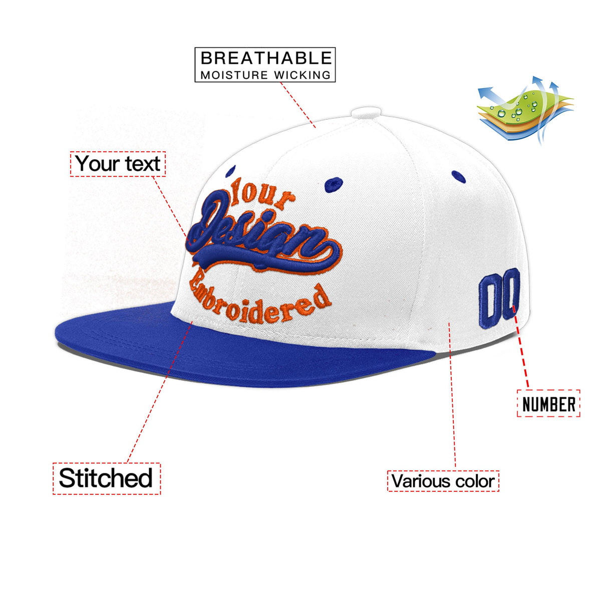 Custom White Royal Blue 3D Puff Embroidery Flat Embroidery Casual Sport Baseball Cap