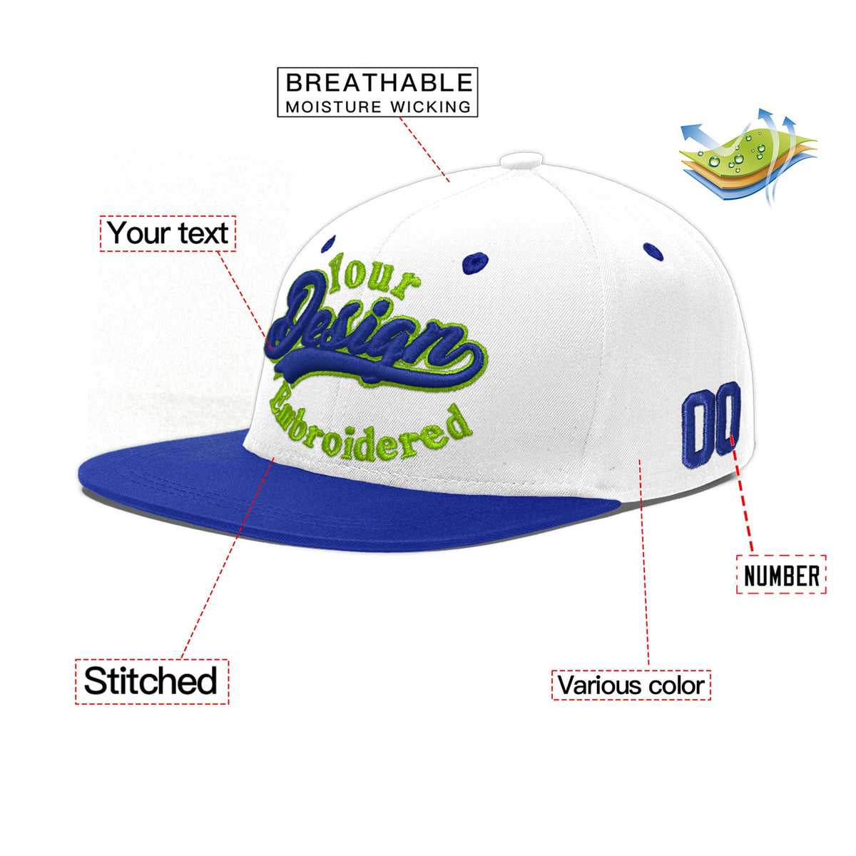 Custom White Royal Blue 165D Puff Embroidery Flat Embroidery Casual Sport Baseball Cap