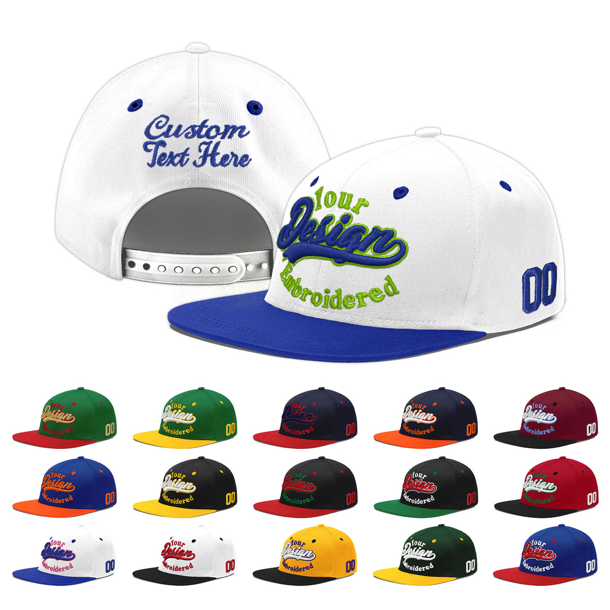Custom White Royal Blue 163D Puff Embroidery Flat Embroidery Casual Sport Baseball Cap