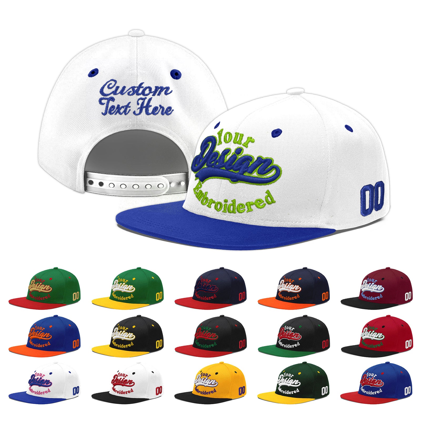 Custom White Royal Blue 163D Puff Embroidery Flat Embroidery Casual Sport Baseball Cap