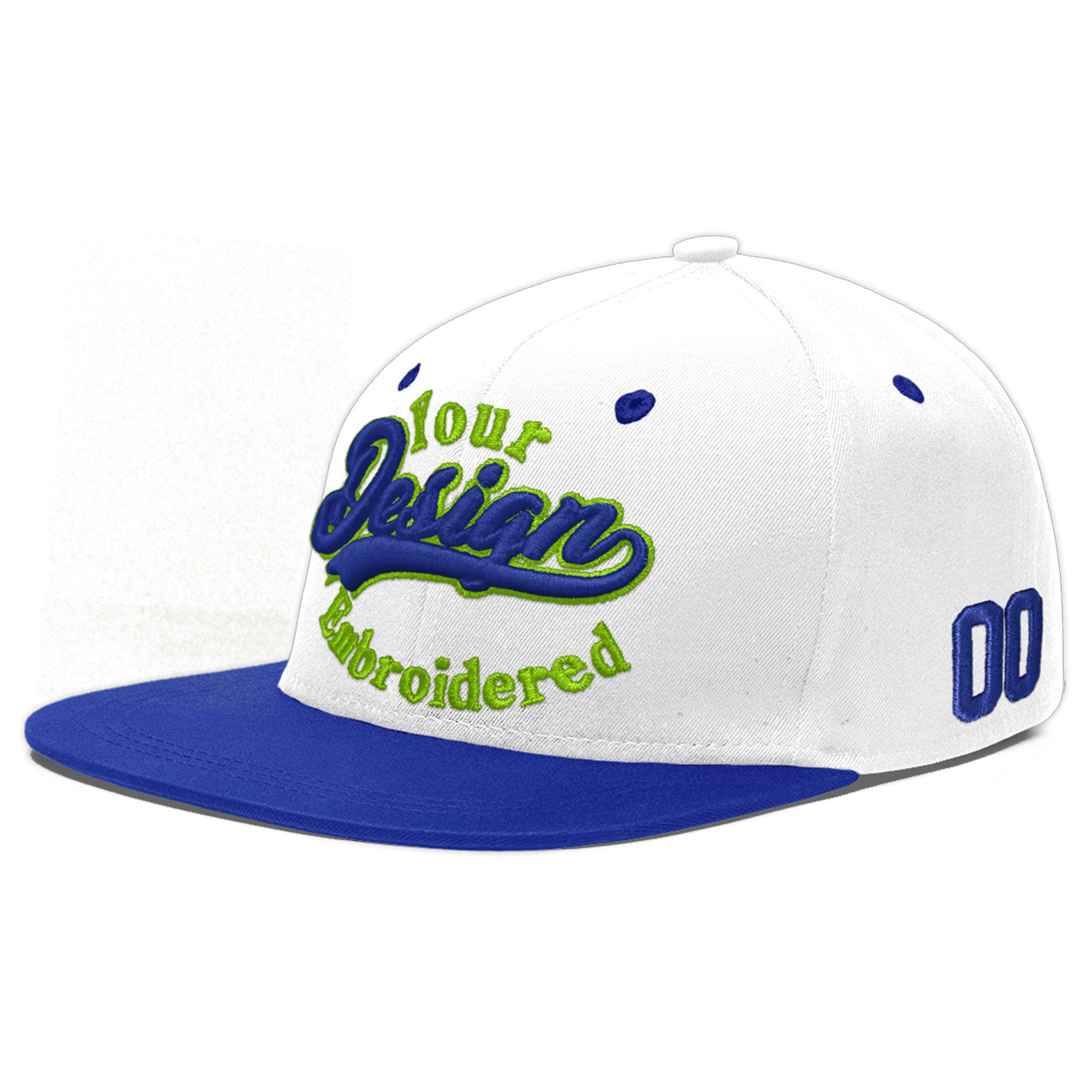 Custom White Royal Blue 166D Puff Embroidery Flat Embroidery Casual Sport Baseball Cap