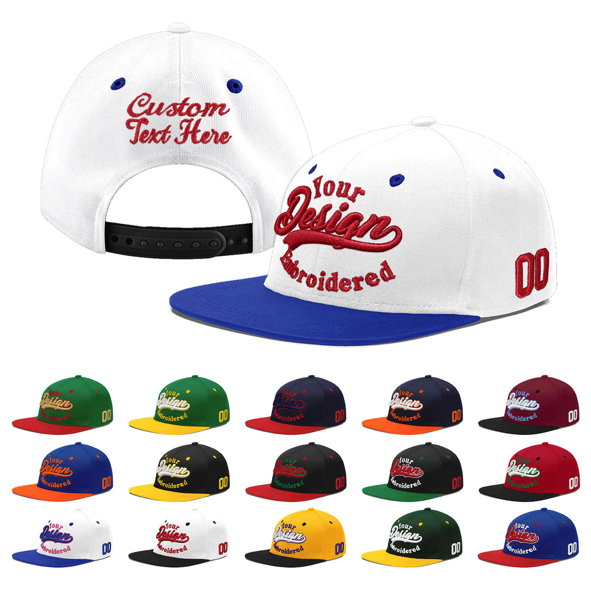 Custom White Royal Blue 171D Puff Embroidery Flat Embroidery Casual Sport Baseball Cap