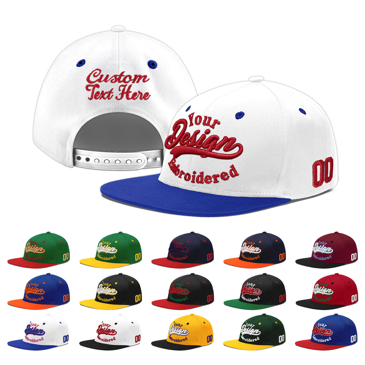Custom White Royal Blue 171D Puff Embroidery Flat Embroidery Casual Sport Baseball Cap
