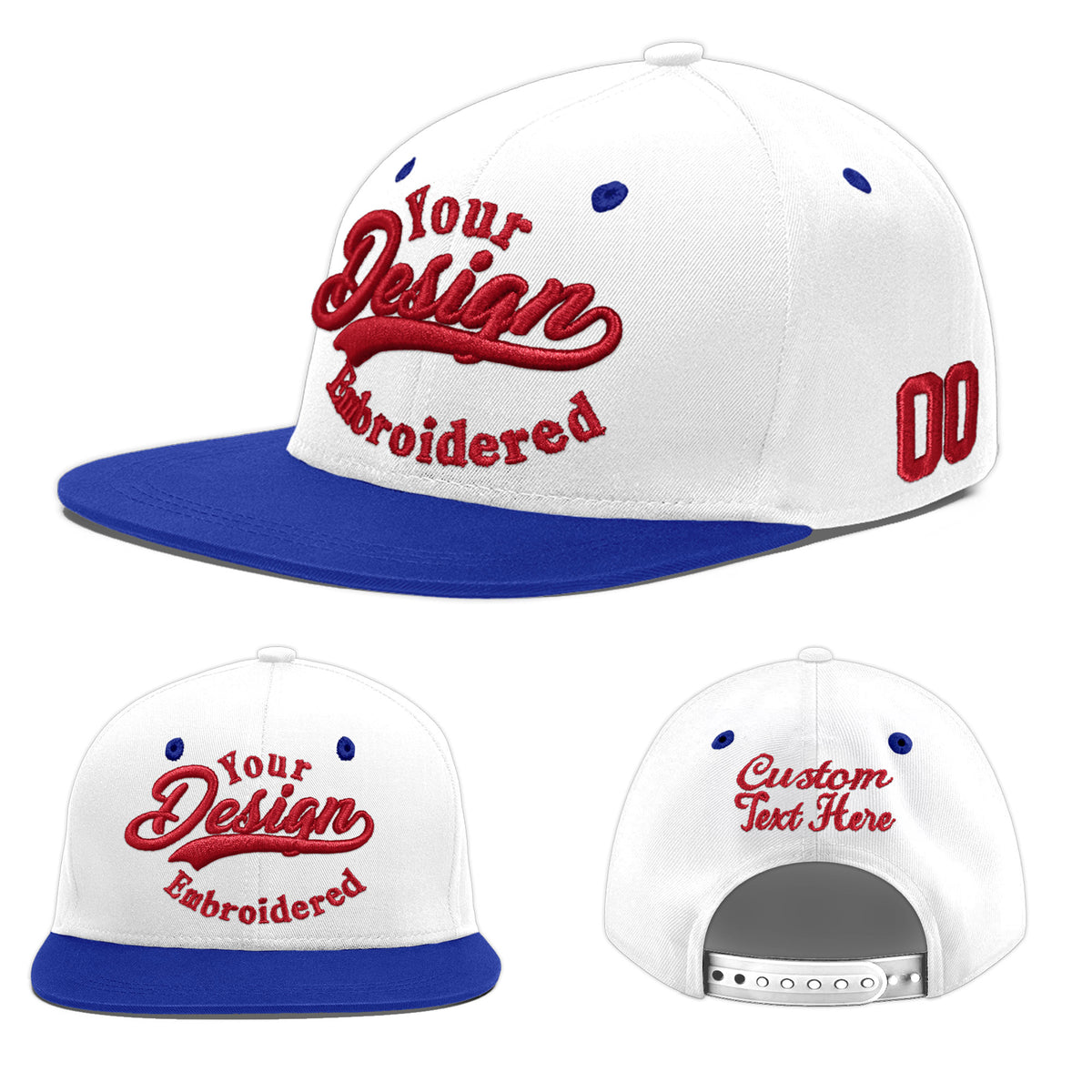 Custom White Royal Blue 172D Puff Embroidery Flat Embroidery Casual Sport Baseball Cap