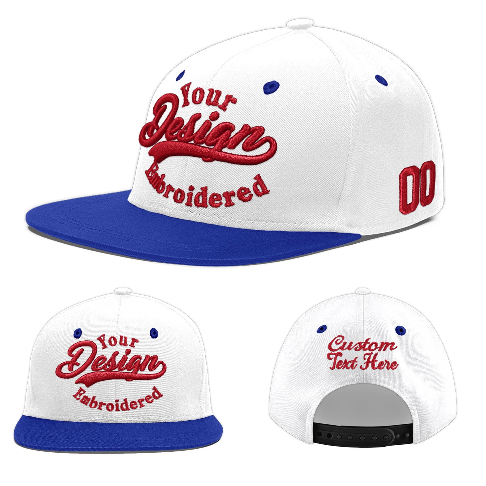 Custom White Royal Blue 172D Puff Embroidery Flat Embroidery Casual Sport Baseball Cap