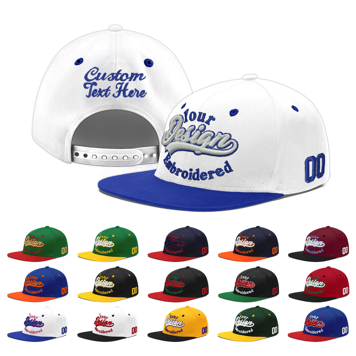 Custom White Royal Blue 179D Puff Embroidery Flat Embroidery Casual Sport Baseball Cap