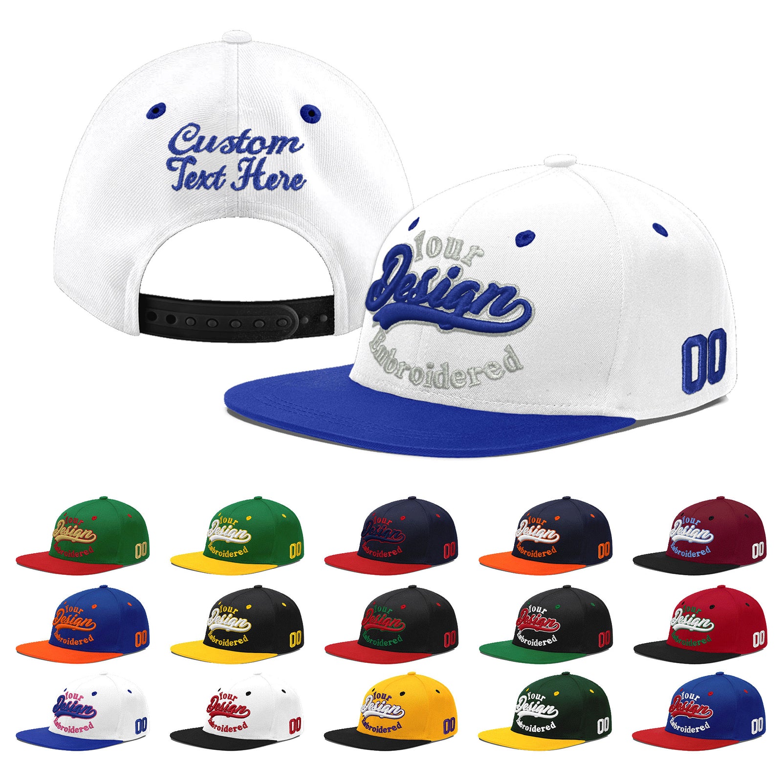 Custom White Royal Blue 187D Puff Embroidery Flat Embroidery Casual Sport Baseball Cap