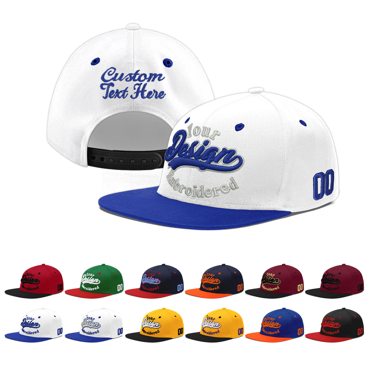 Custom White Royal Blue 187D Puff Embroidery Flat Embroidery Casual Sport Baseball Cap