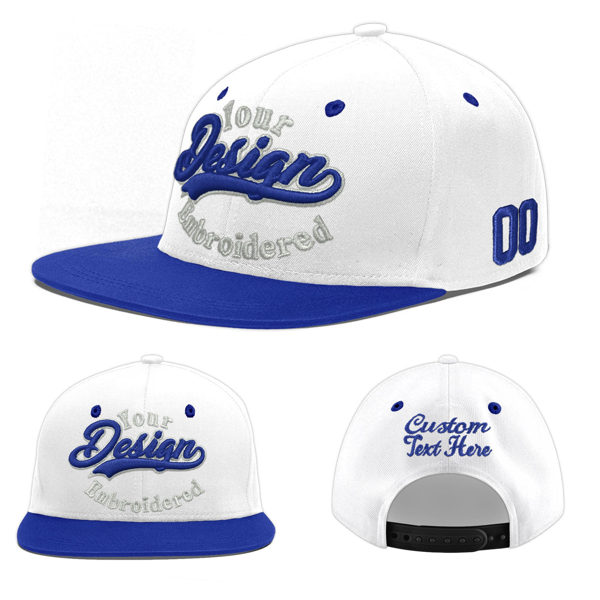 Custom White Royal Blue 188D Puff Embroidery Flat Embroidery Casual Sport Baseball Cap