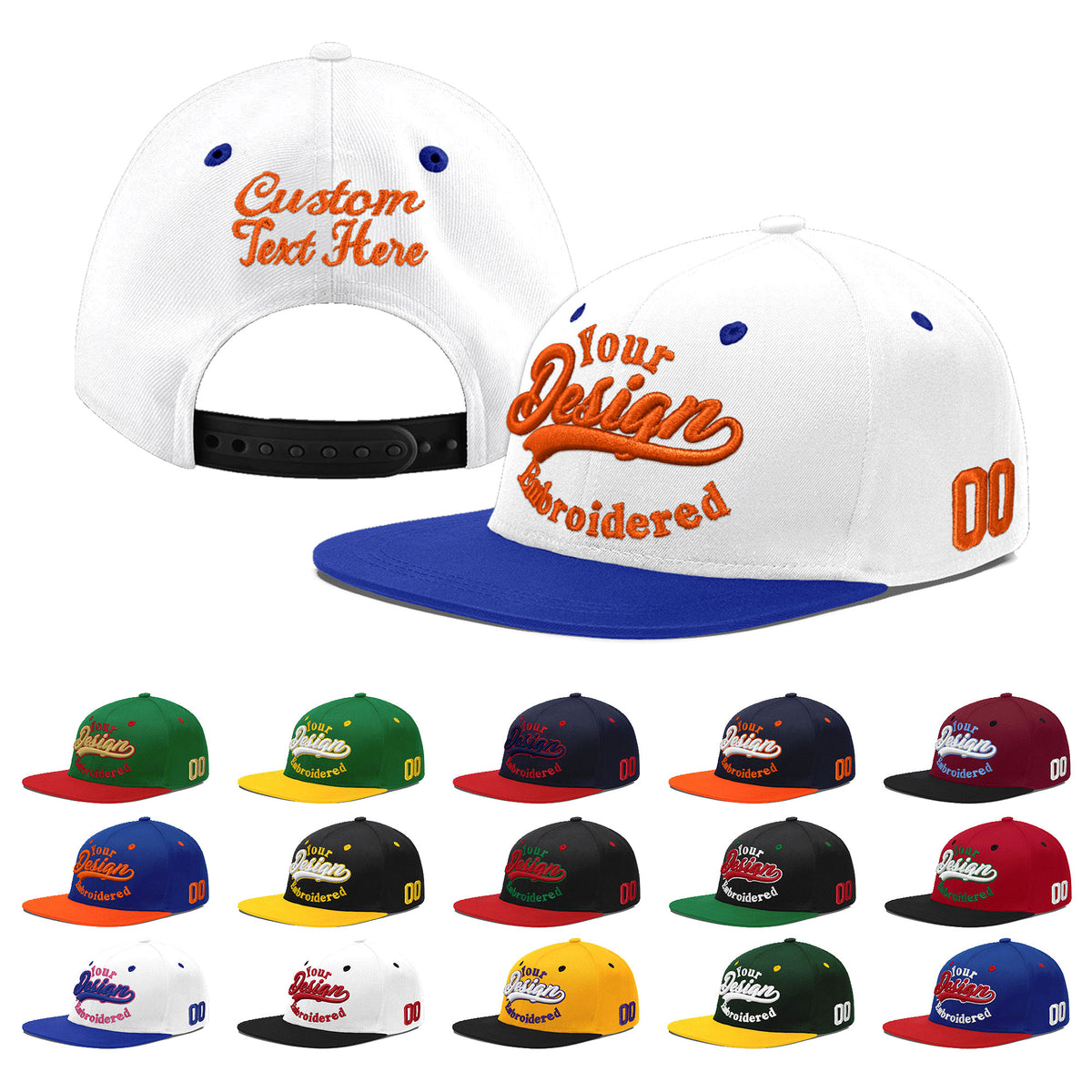 Custom White Royal Blue 195D Puff Embroidery Flat Embroidery Casual Sport Baseball Cap