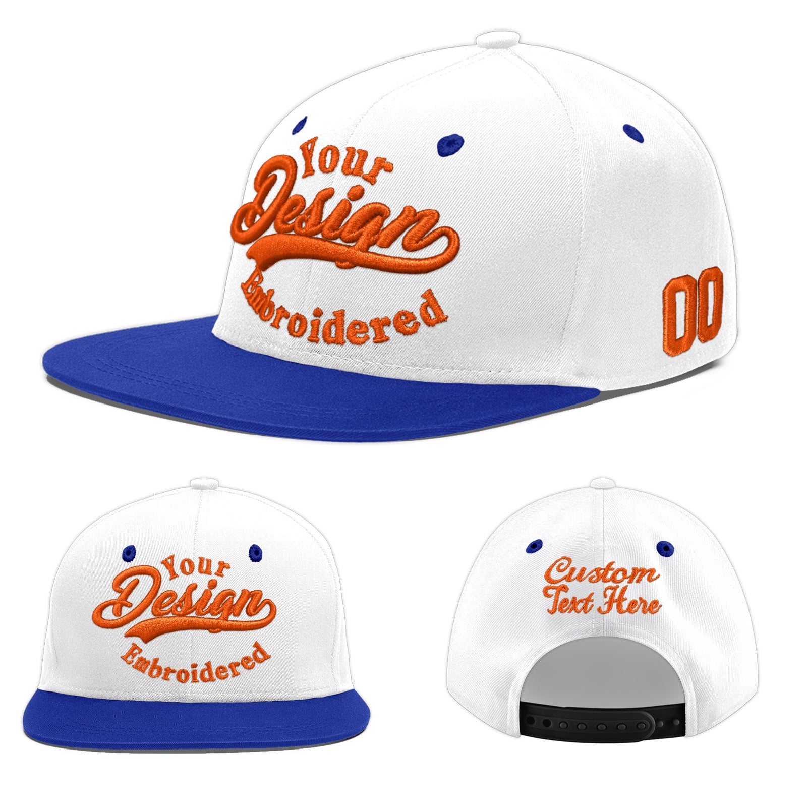 Custom White Royal Blue 196D Puff Embroidery Flat Embroidery Casual Sport Baseball Cap