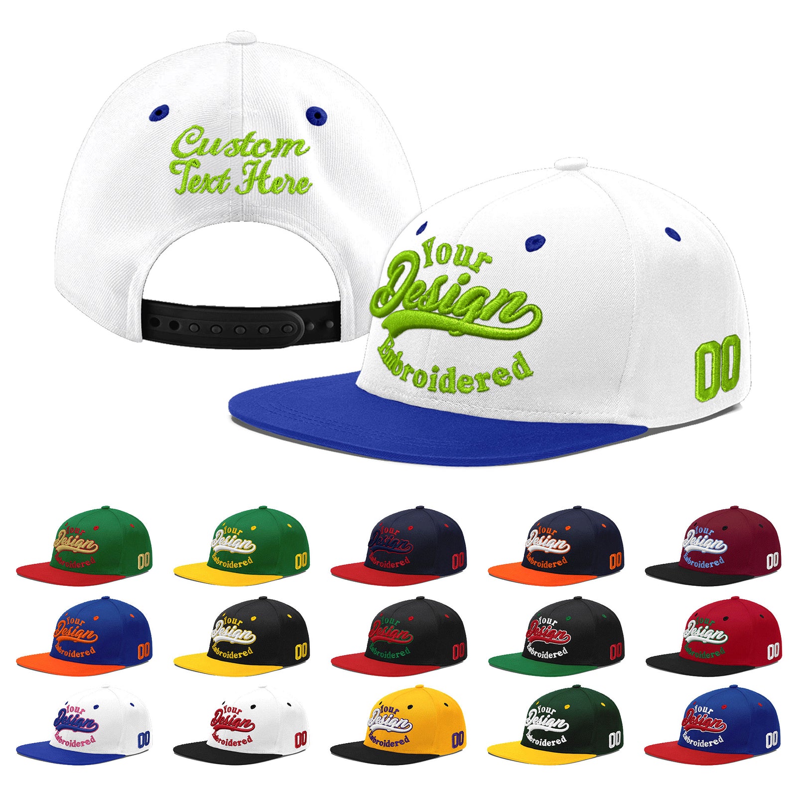Custom White Royal Blue 163D Puff Embroidery Flat Embroidery Casual Sport Baseball Cap