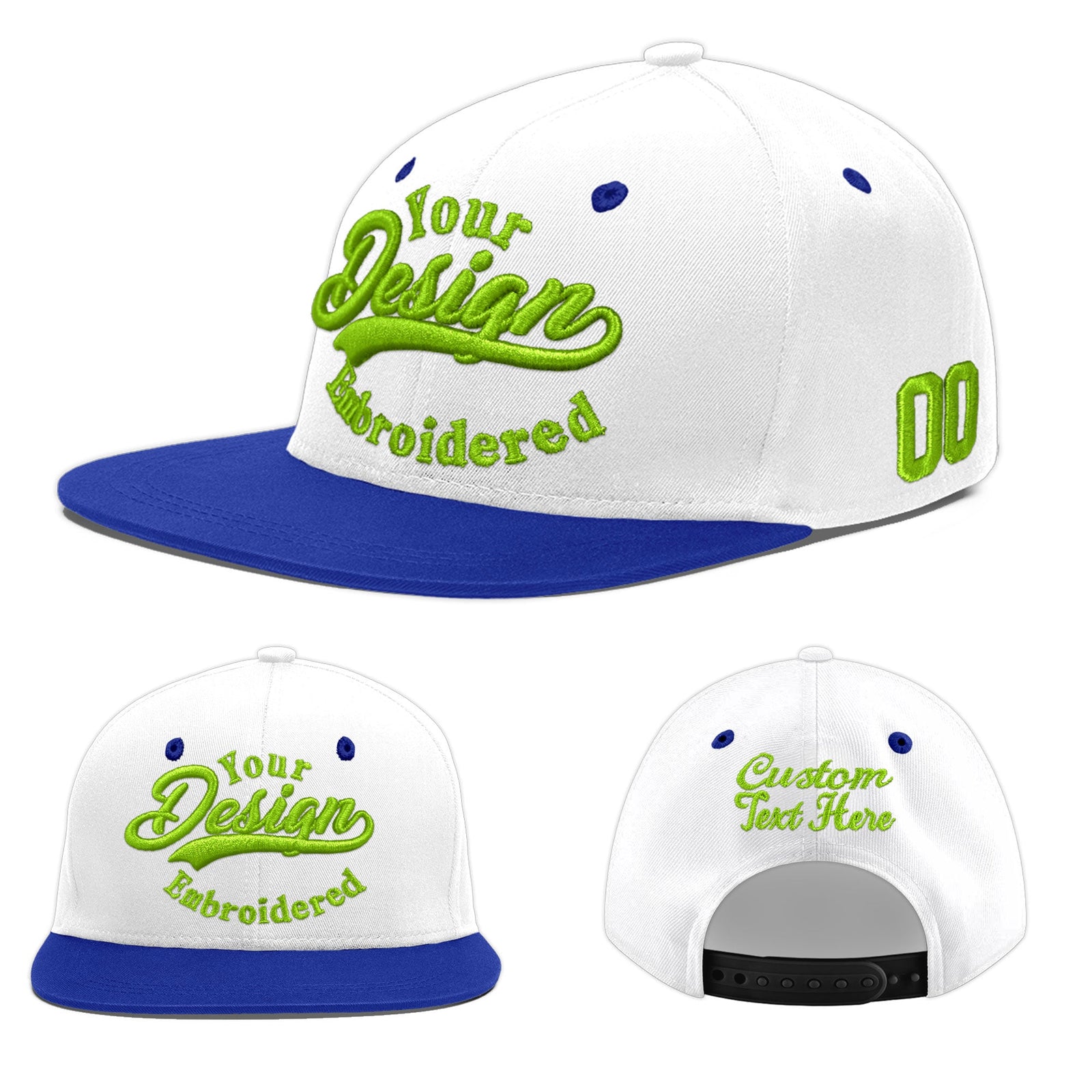 Custom White Royal Blue 164D Puff Embroidery Flat Embroidery Casual Sport Baseball Cap