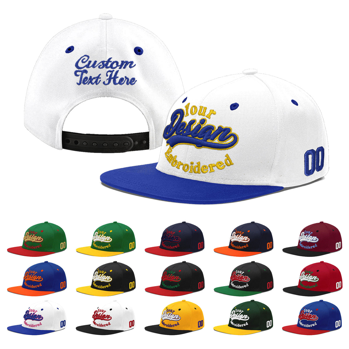 Custom White Royal Blue 171D Puff Embroidery Flat Embroidery Casual Sport Baseball Cap