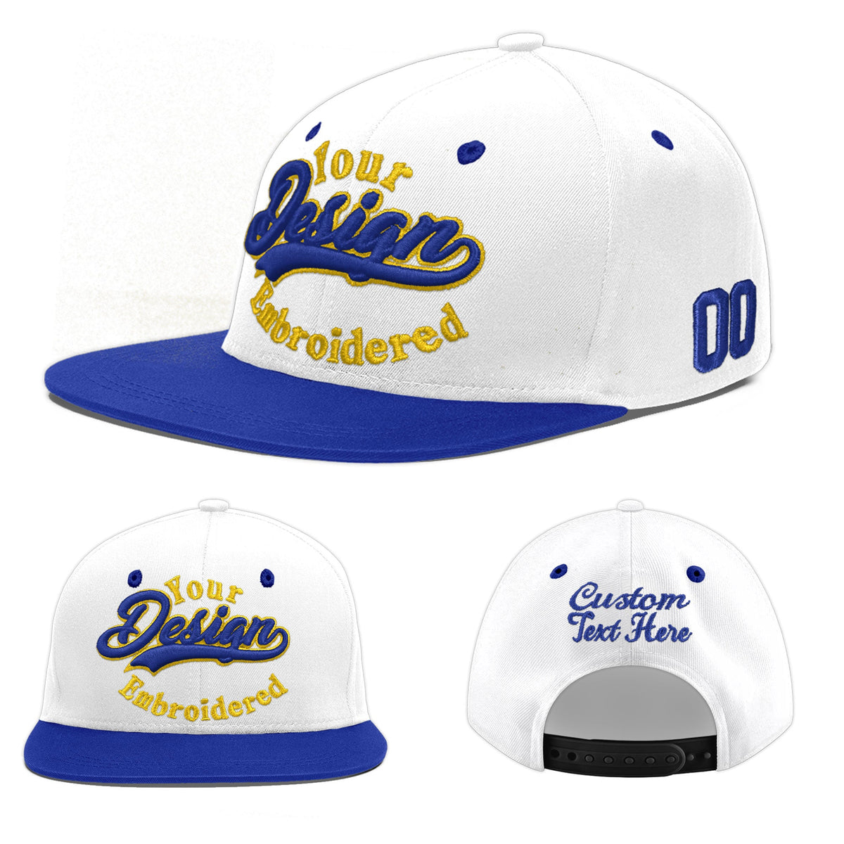 Custom White Royal Blue 172D Puff Embroidery Flat Embroidery Casual Sport Baseball Cap