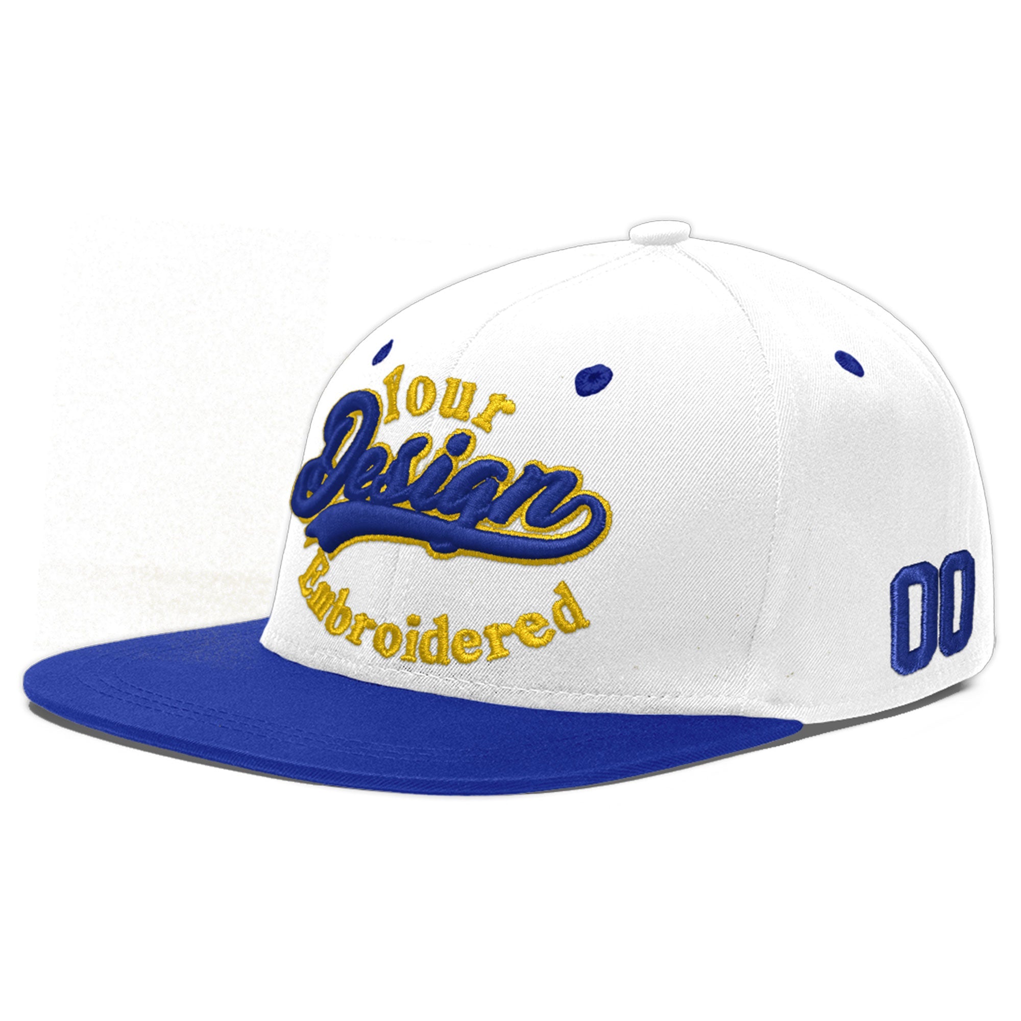 Custom White Royal Blue 174D Puff Embroidery Flat Embroidery Casual Sport Baseball Cap