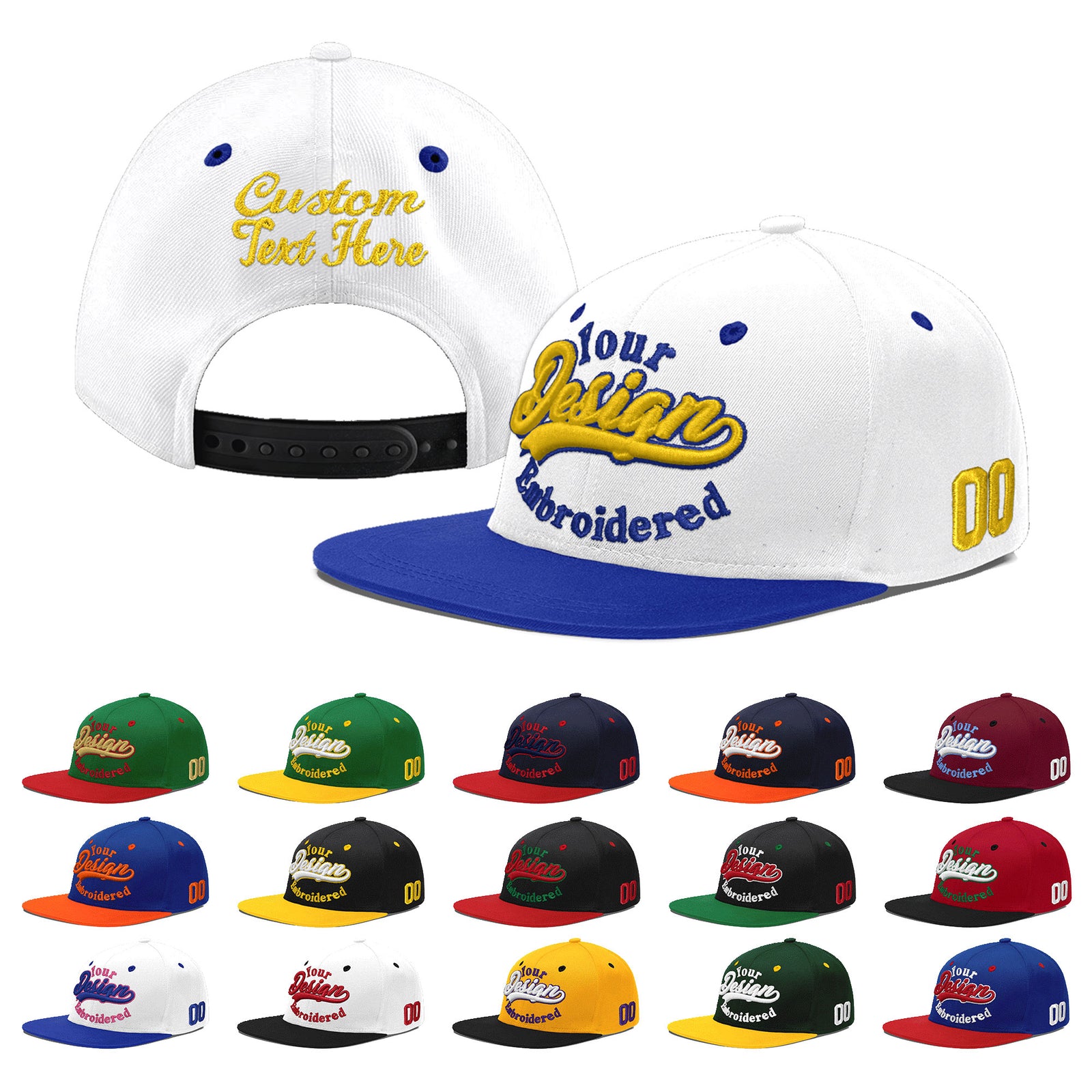 Custom White Royal Blue 179D Puff Embroidery Flat Embroidery Casual Sport Baseball Cap