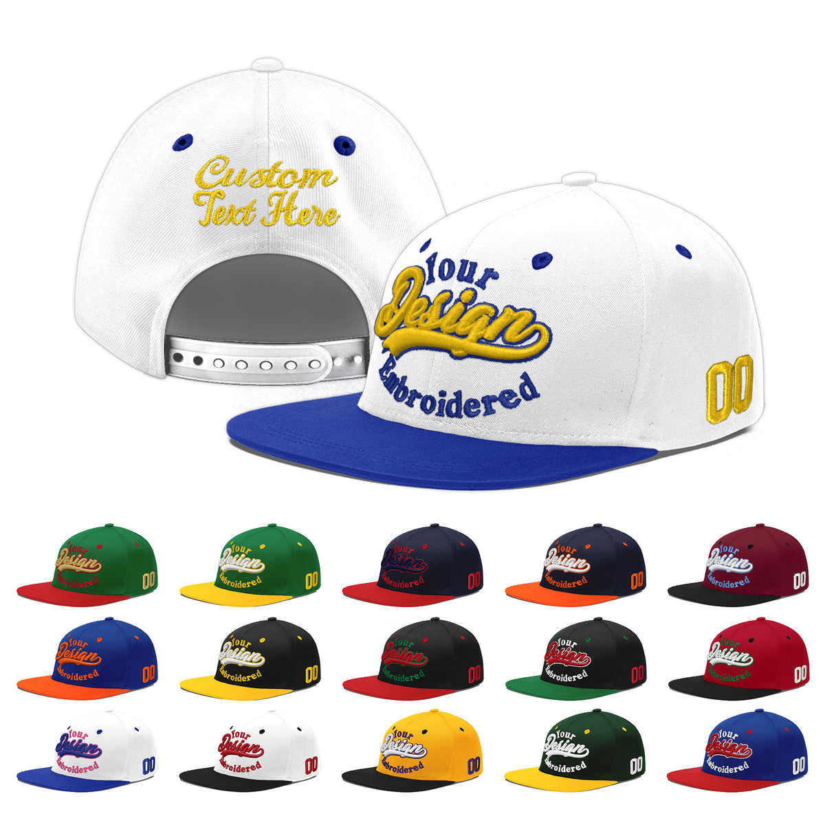 Custom White Royal Blue 179D Puff Embroidery Flat Embroidery Casual Sport Baseball Cap