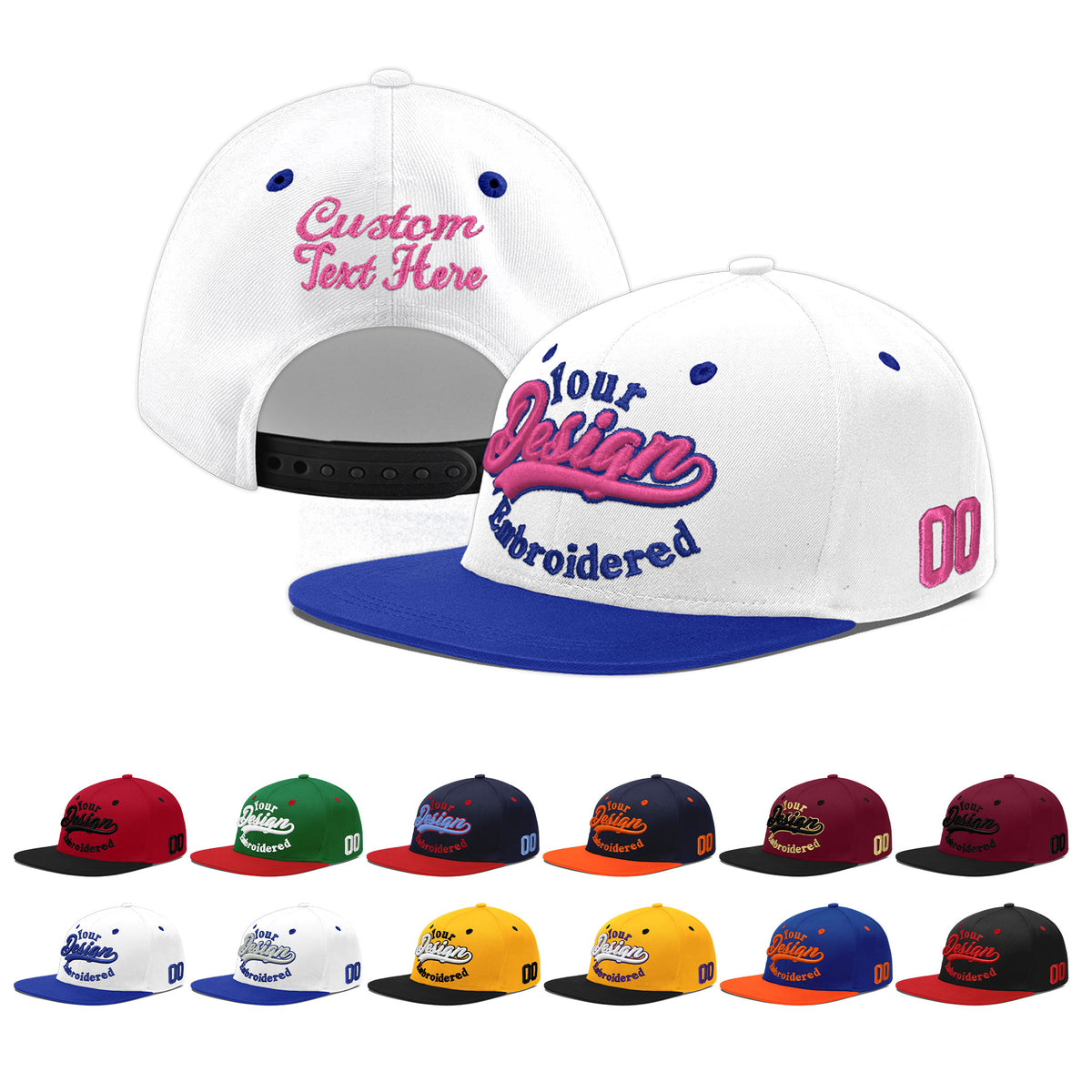 Custom White Royal Blue 187D Puff Embroidery Flat Embroidery Casual Sport Baseball Cap