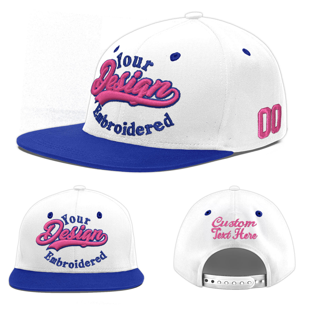 Custom White Royal Blue 188D Puff Embroidery Flat Embroidery Casual Sport Baseball Cap