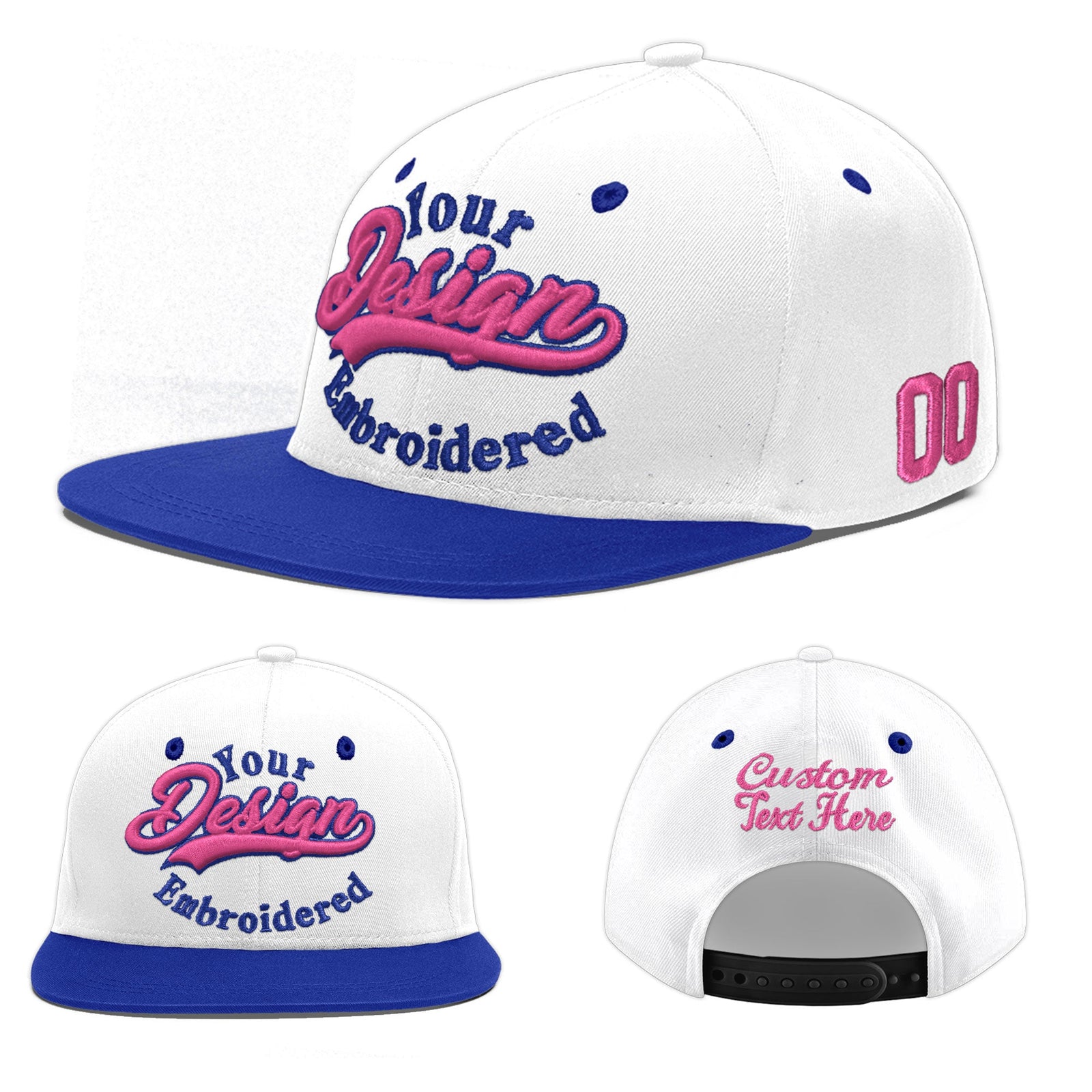 Custom White Royal Blue 188D Puff Embroidery Flat Embroidery Casual Sport Baseball Cap