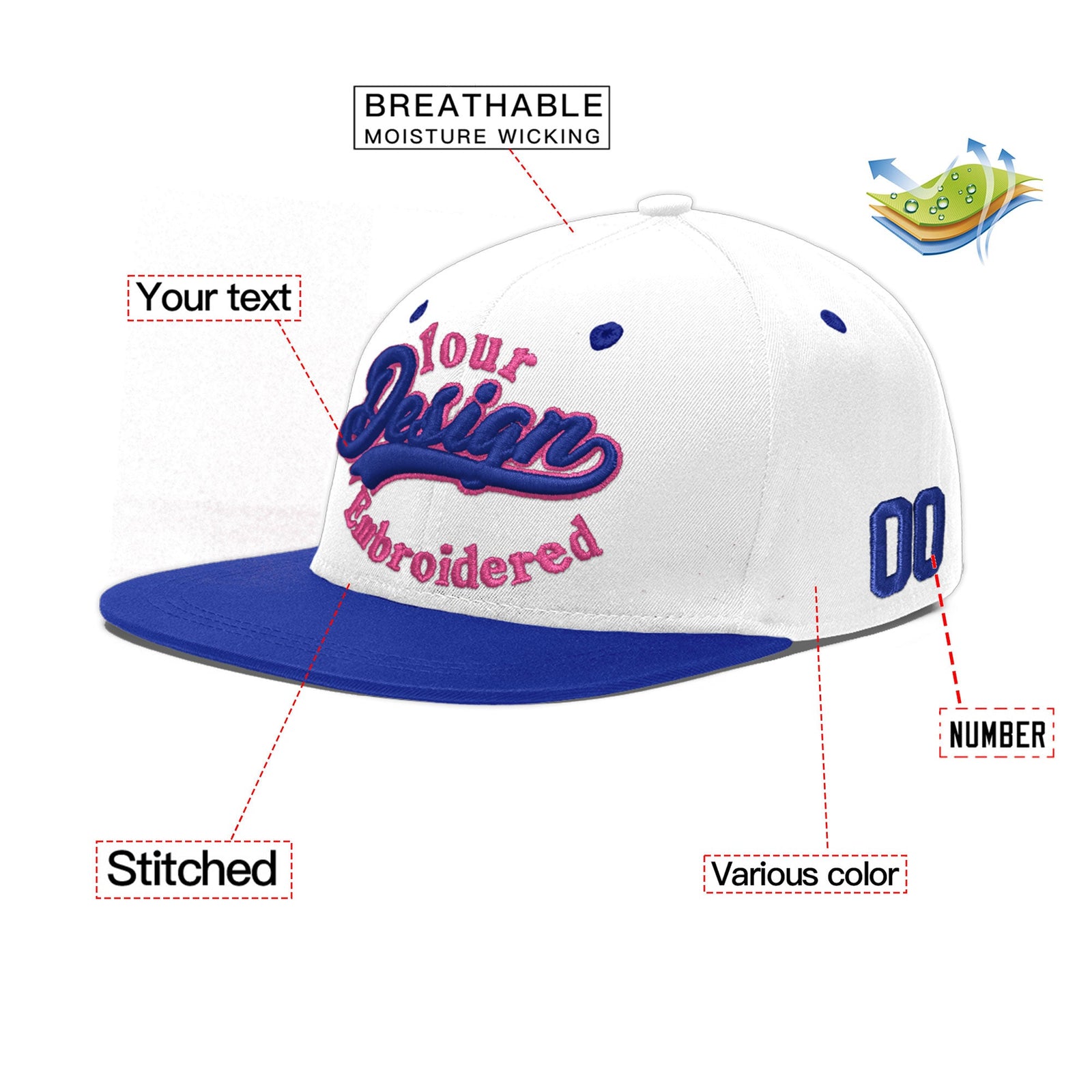 Custom White Royal Blue 197D Puff Embroidery Flat Embroidery Casual Sport Baseball Cap