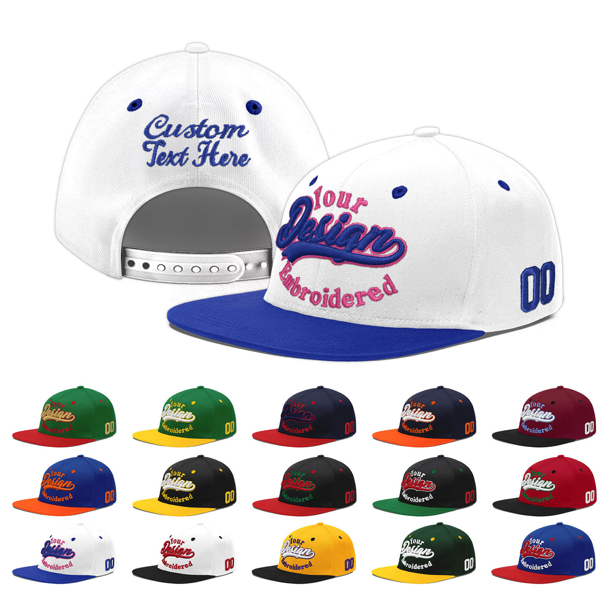 Custom White Royal Blue 195D Puff Embroidery Flat Embroidery Casual Sport Baseball Cap