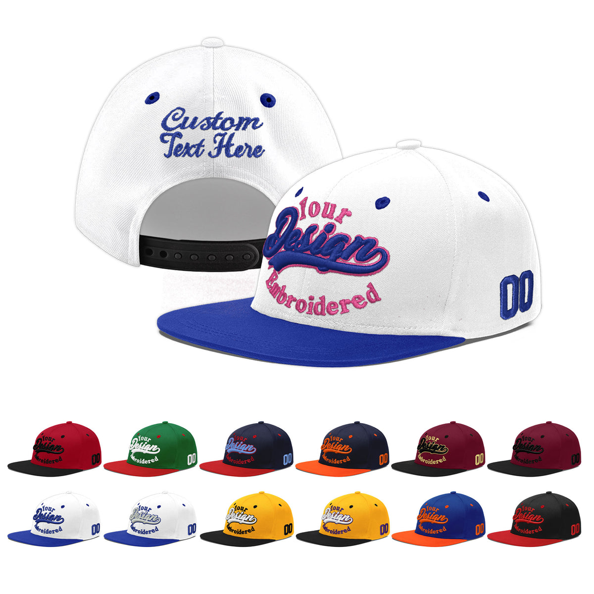 Custom White Royal Blue 195D Puff Embroidery Flat Embroidery Casual Sport Baseball Cap