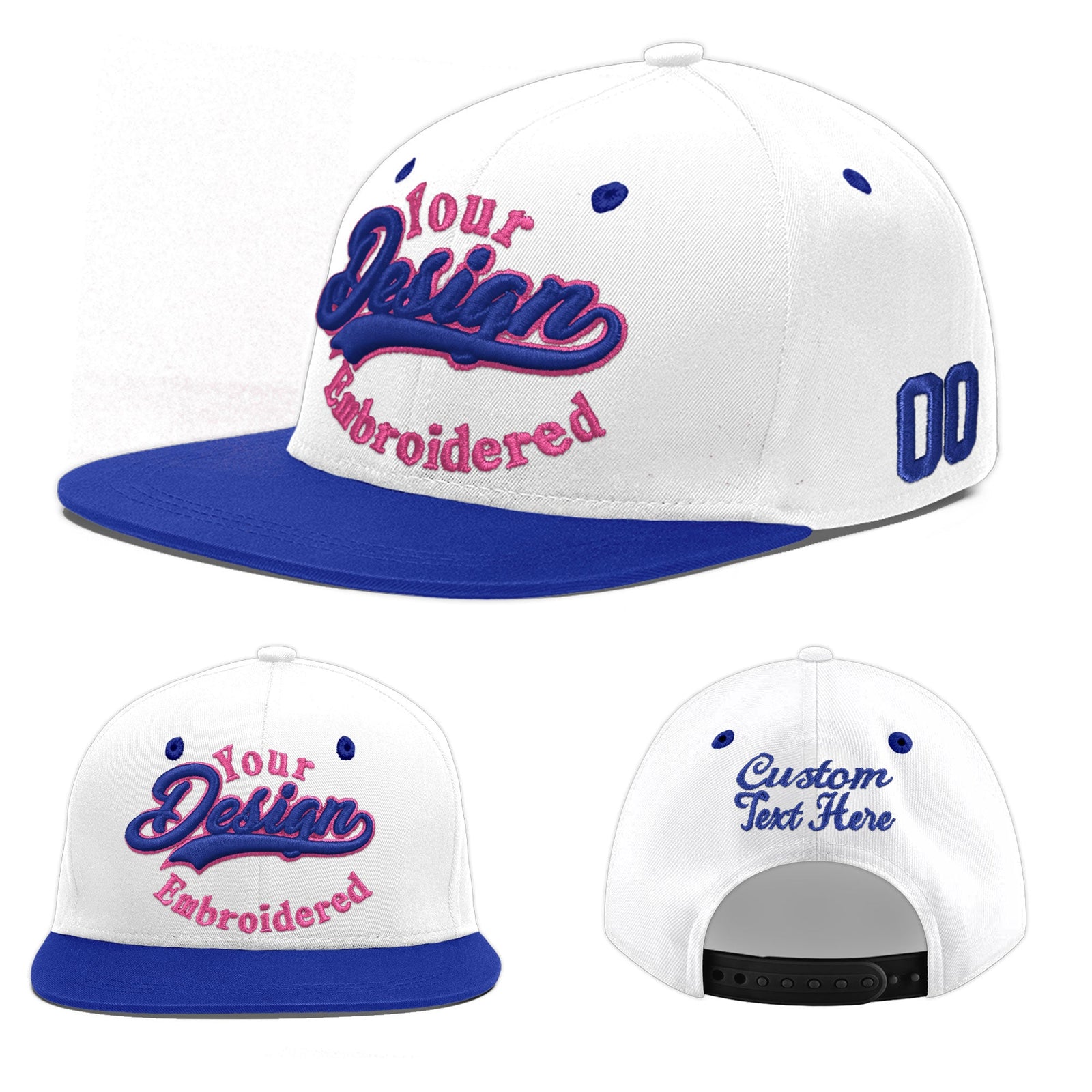 Custom White Royal Blue 196D Puff Embroidery Flat Embroidery Casual Sport Baseball Cap