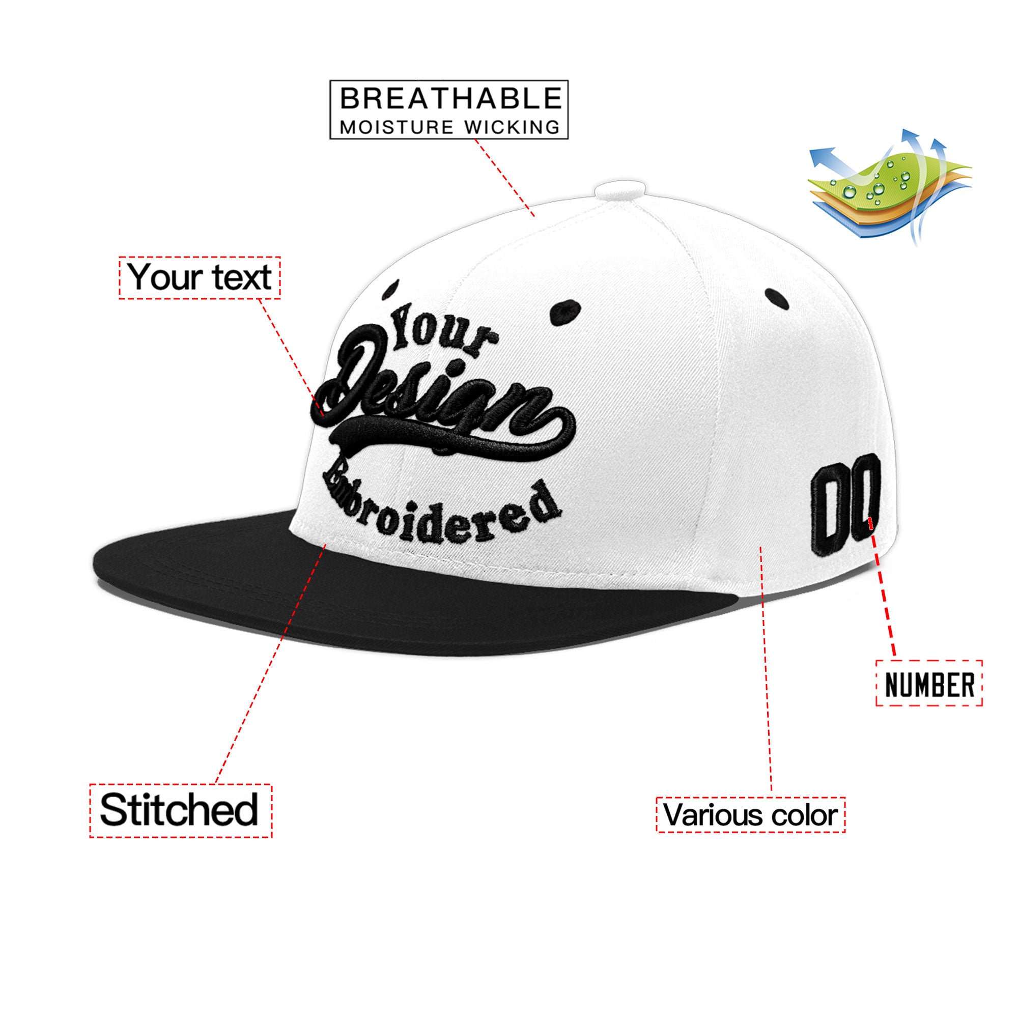 Custom White Black 3D Puff Embroidery Flat Embroidery Casual Sport Baseball Cap