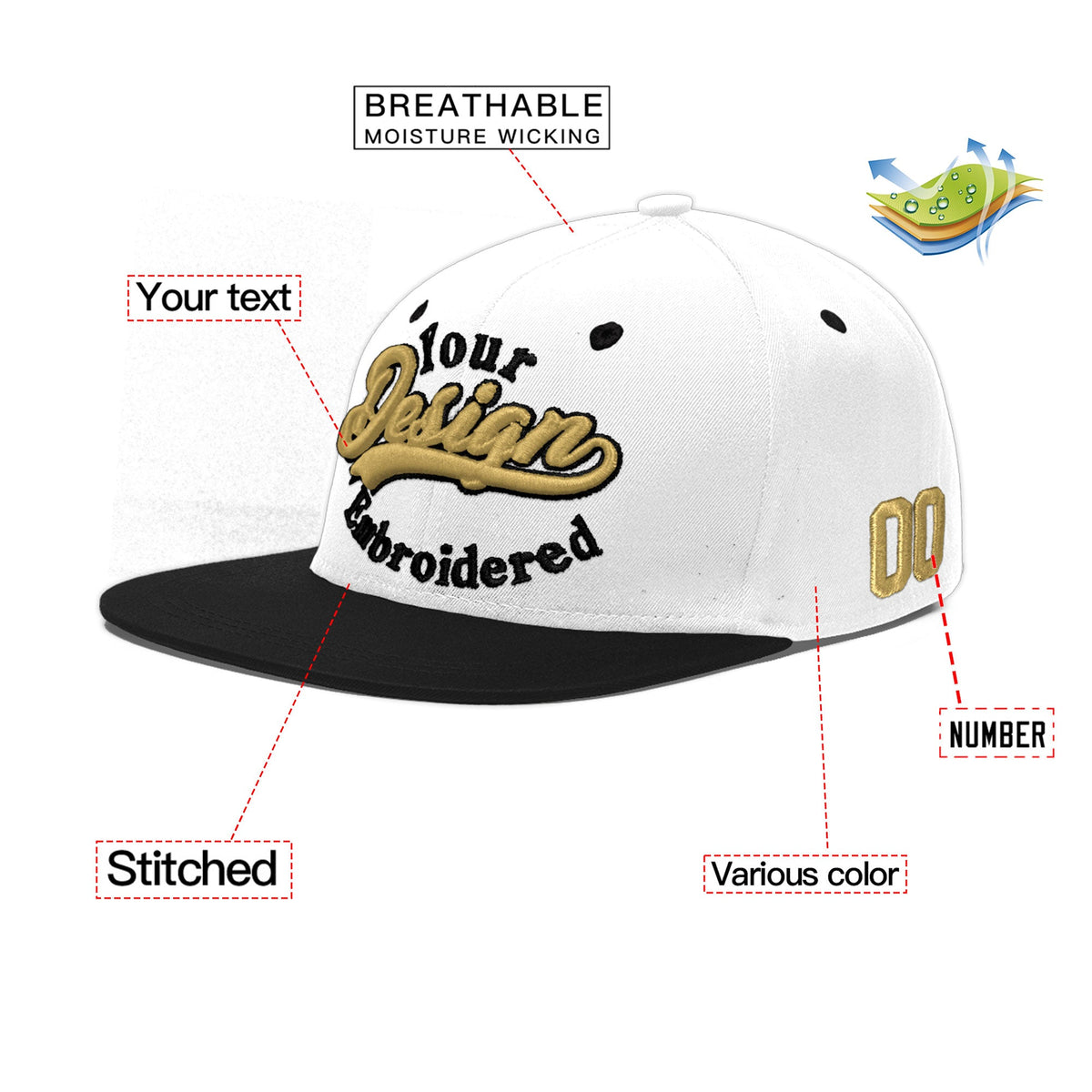 Custom White Black 3D Puff Embroidery Flat Embroidery Casual Sport Baseball Cap