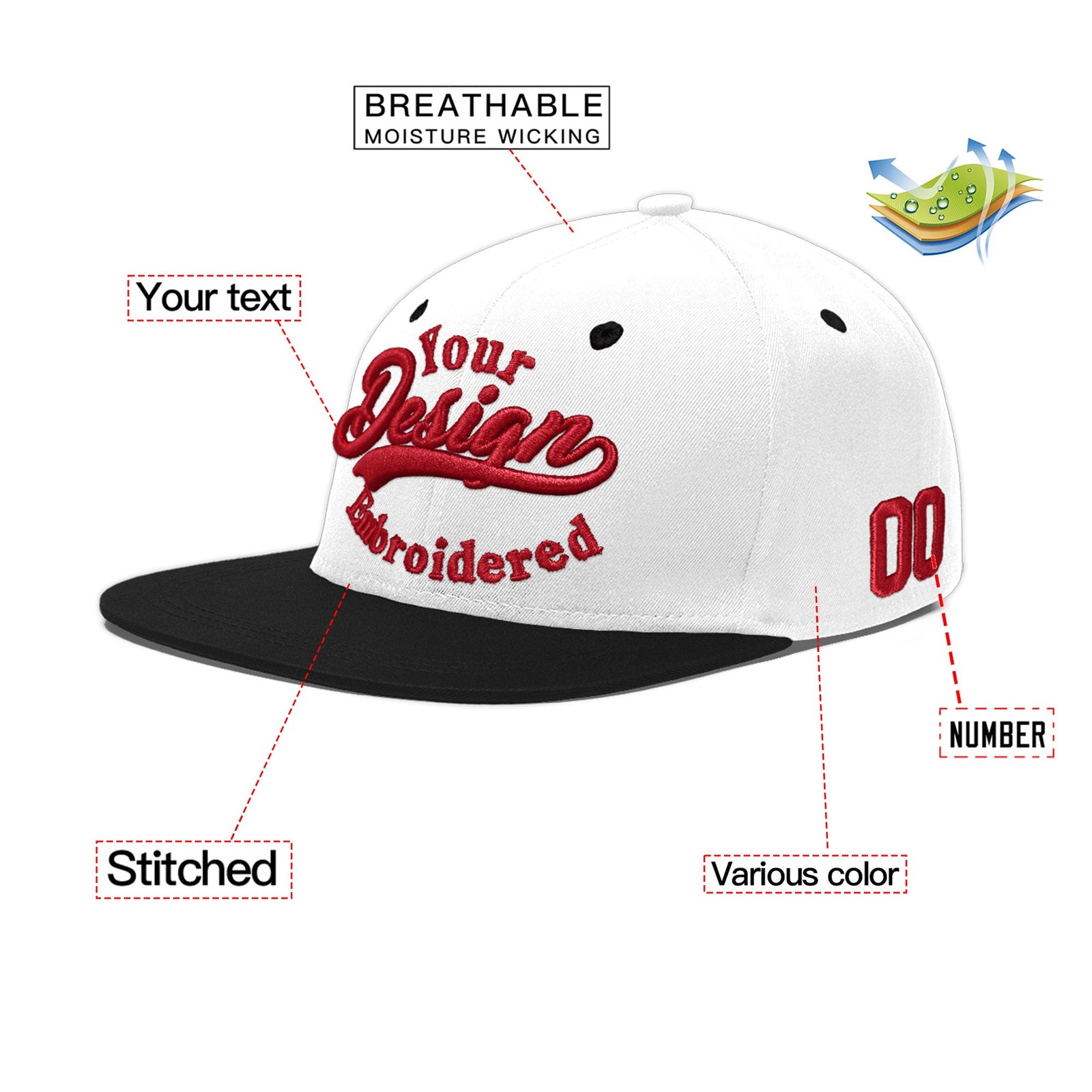 Custom White Black 3D Puff Embroidery Flat Embroidery Casual Sport Baseball Cap