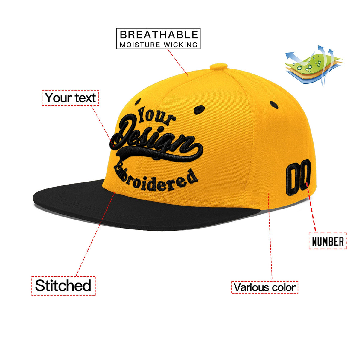 Custom Gold Black 3D Puff Embroidery Flat Embroidery Casual Sport Baseball Cap