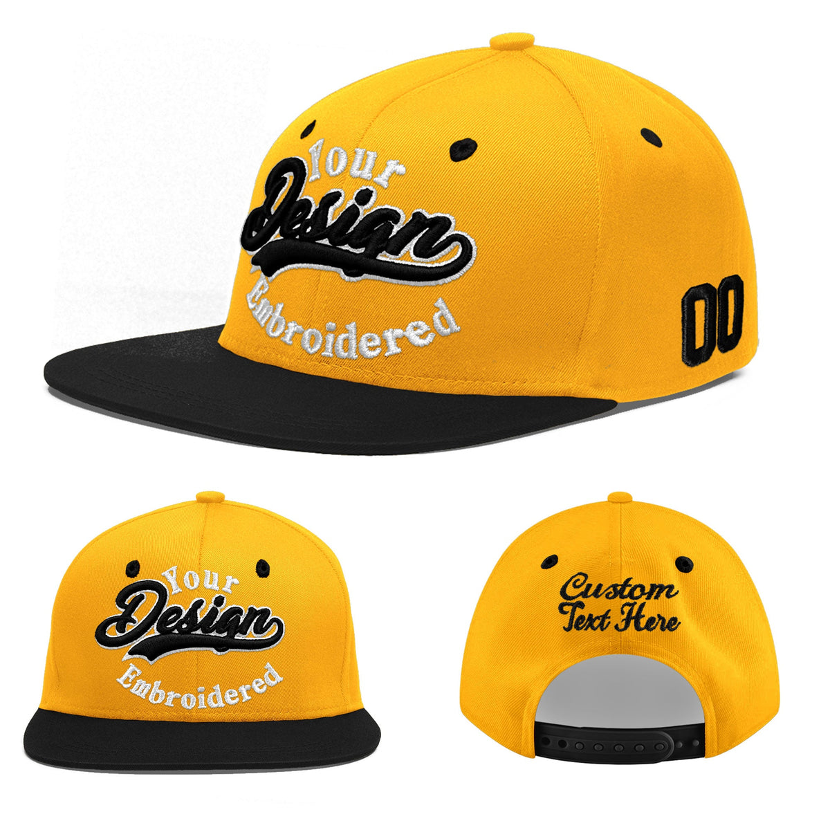 Custom Gold Black 3D Puff Embroidery Flat Embroidery Casual Sport Baseball Cap