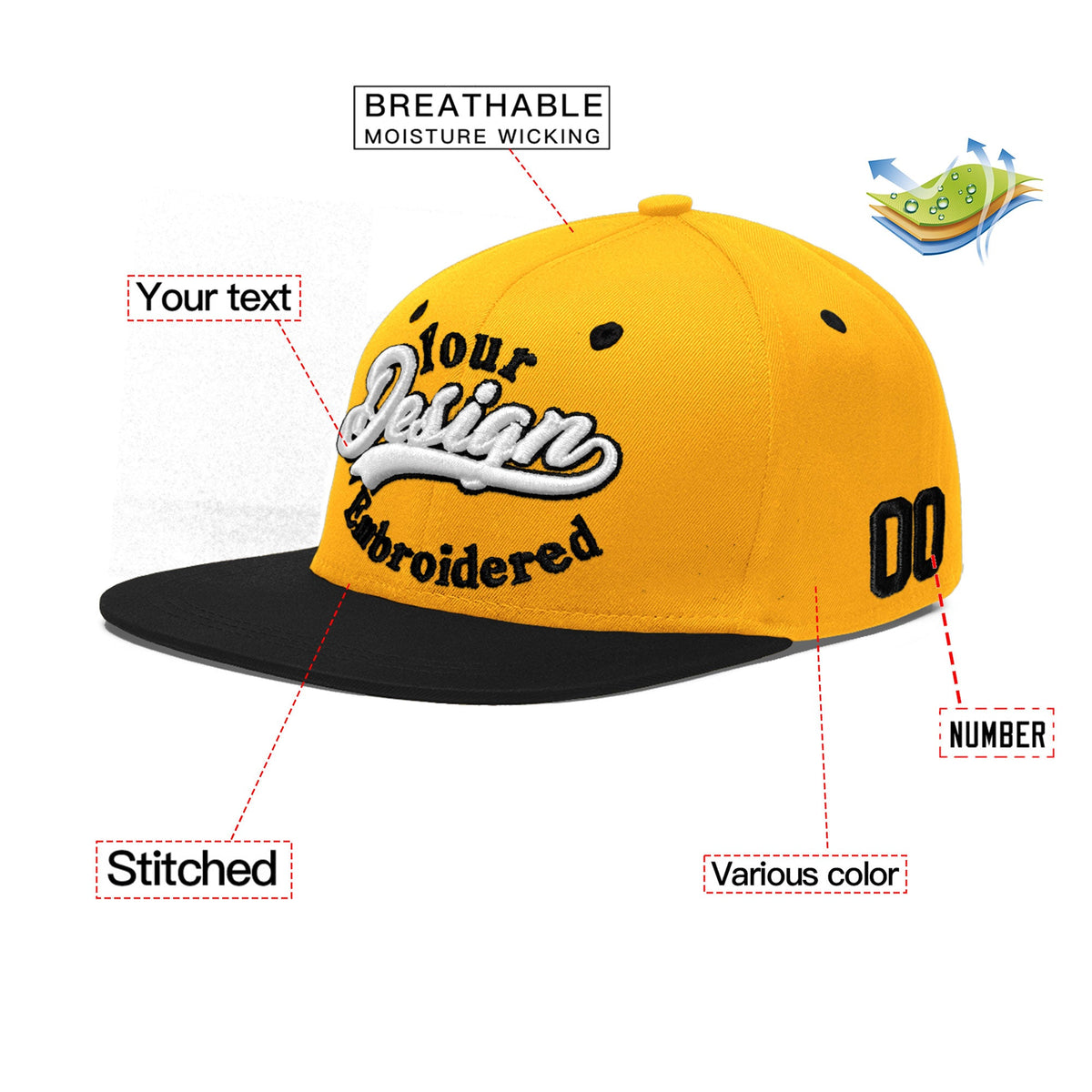 Custom Gold Black 3D Puff Embroidery Flat Embroidery Casual Sport Baseball Cap