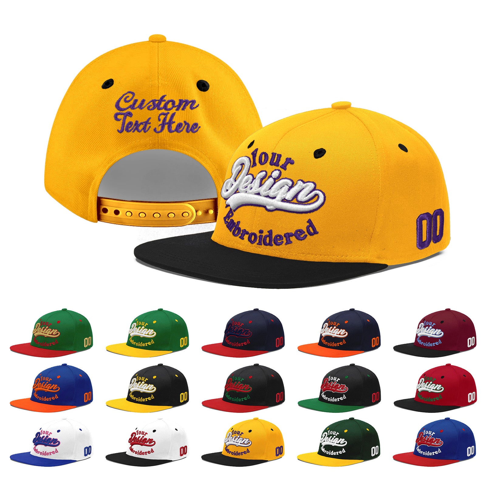 Custom Gold Black 155D Puff Embroidery Flat Embroidery Casual Sport Baseball Cap