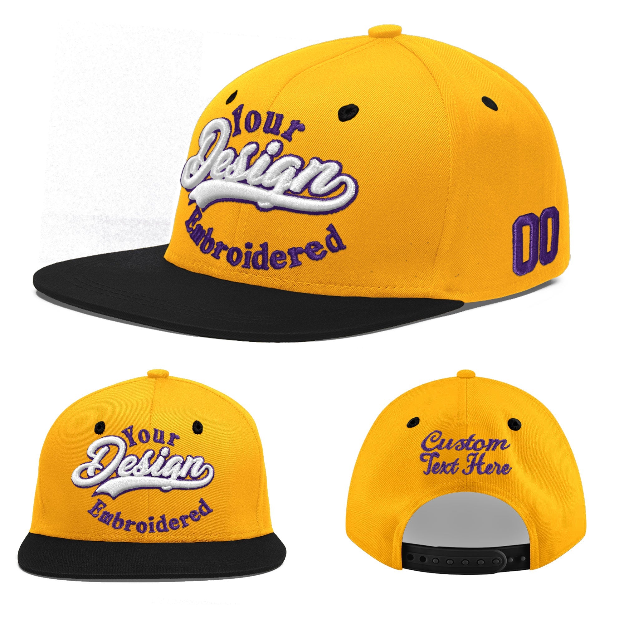 Custom Gold Black 156D Puff Embroidery Flat Embroidery Casual Sport Baseball Cap