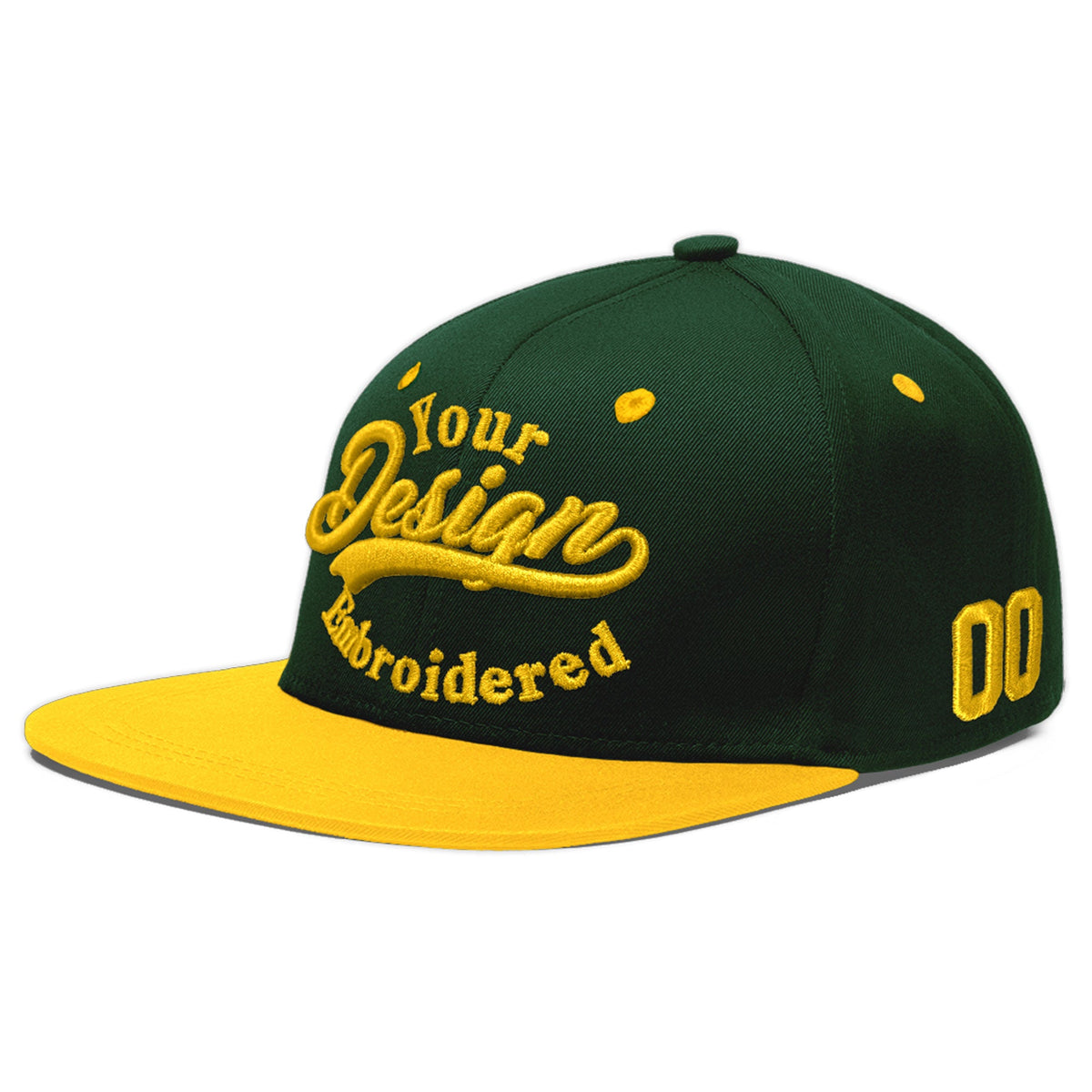 Custom Green Gold 3D Puff Embroidery Flat Embroidery Casual Sport Baseball Cap
